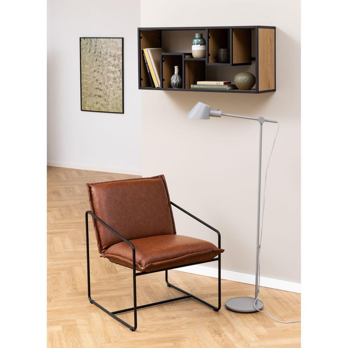 TOILINUX Etagère murale 4 niches en MDF et Métal - L.95cm x P.35cm x H.45cm - Beige et Noir