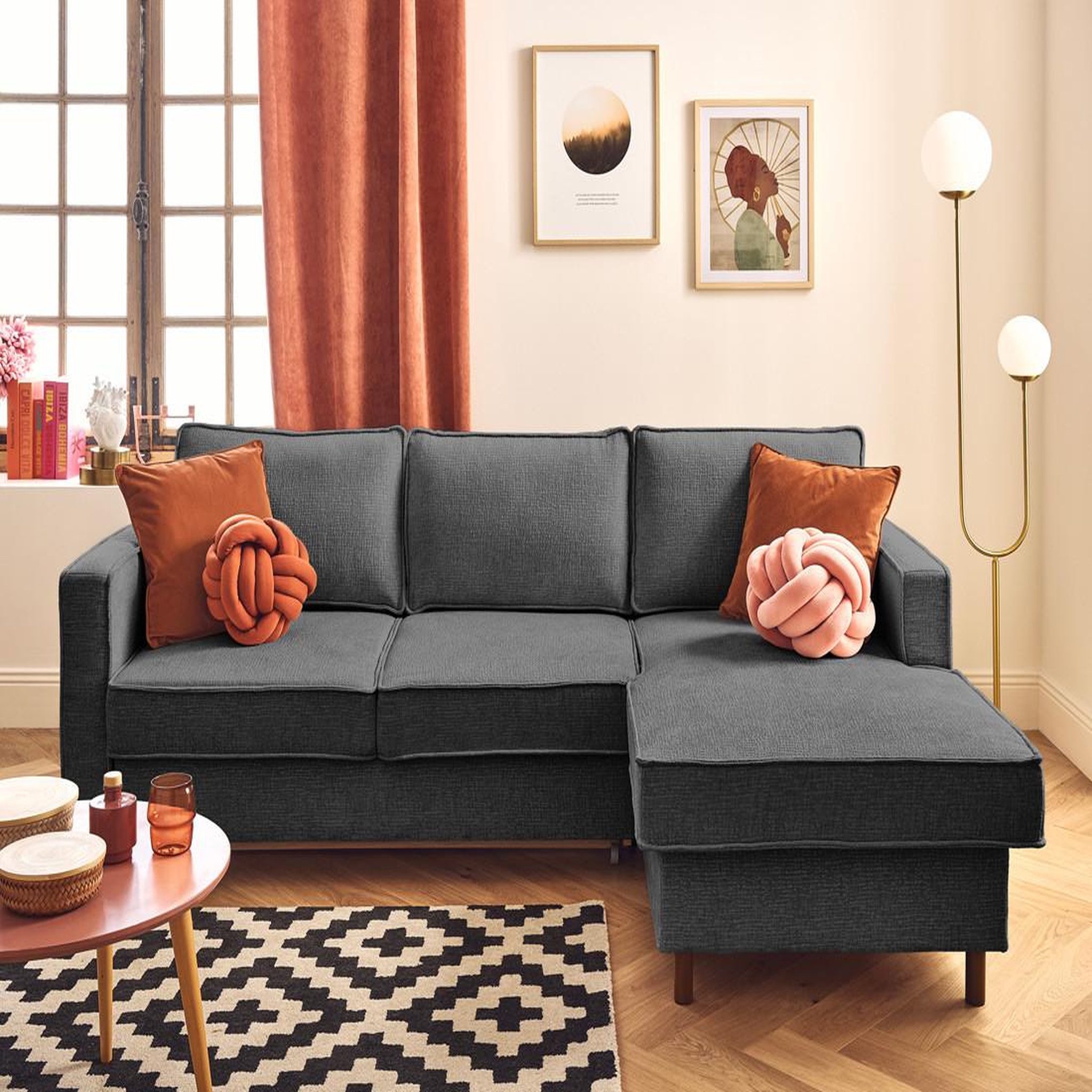 Voir la diapositive 1 : LISA DESIGN Jake - canapé d'angle droit 4 places convertible avec coffre en tissu velours relief