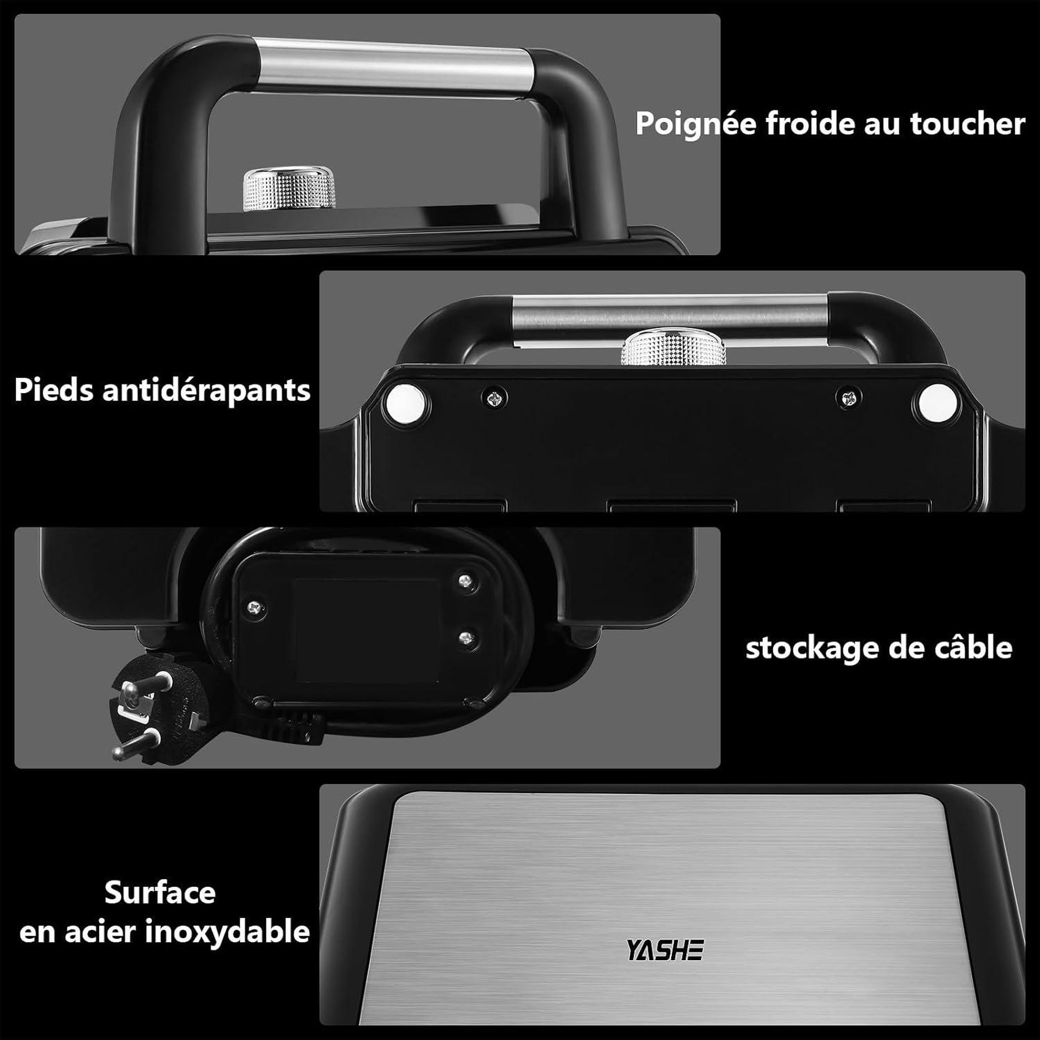 Voir la diapositive 5 : YASHE Gaufrier belge, 4 gaufres, 1200 W, 5 niveaux
