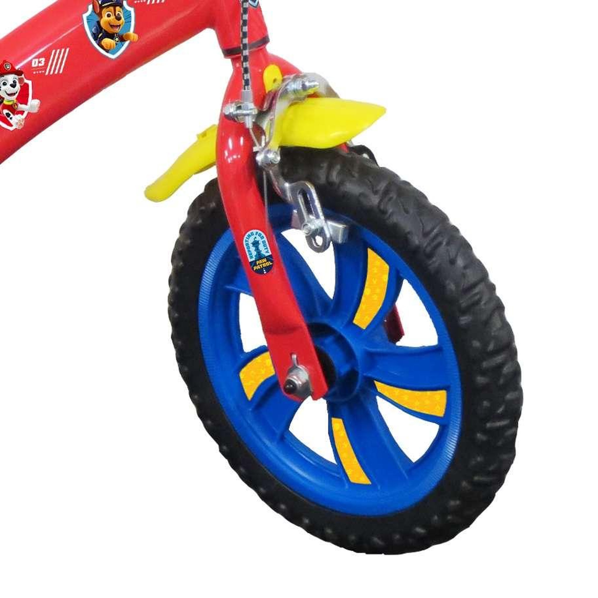 Voir la diapositive 4 : Nickelodeon Vélo enfant - Modèle 12'' Pat Patrouille pour enfant de 85/100 cm avec stabilisateurs - Plaque décorative avant - Porte bidon - 2 freins et roues batons