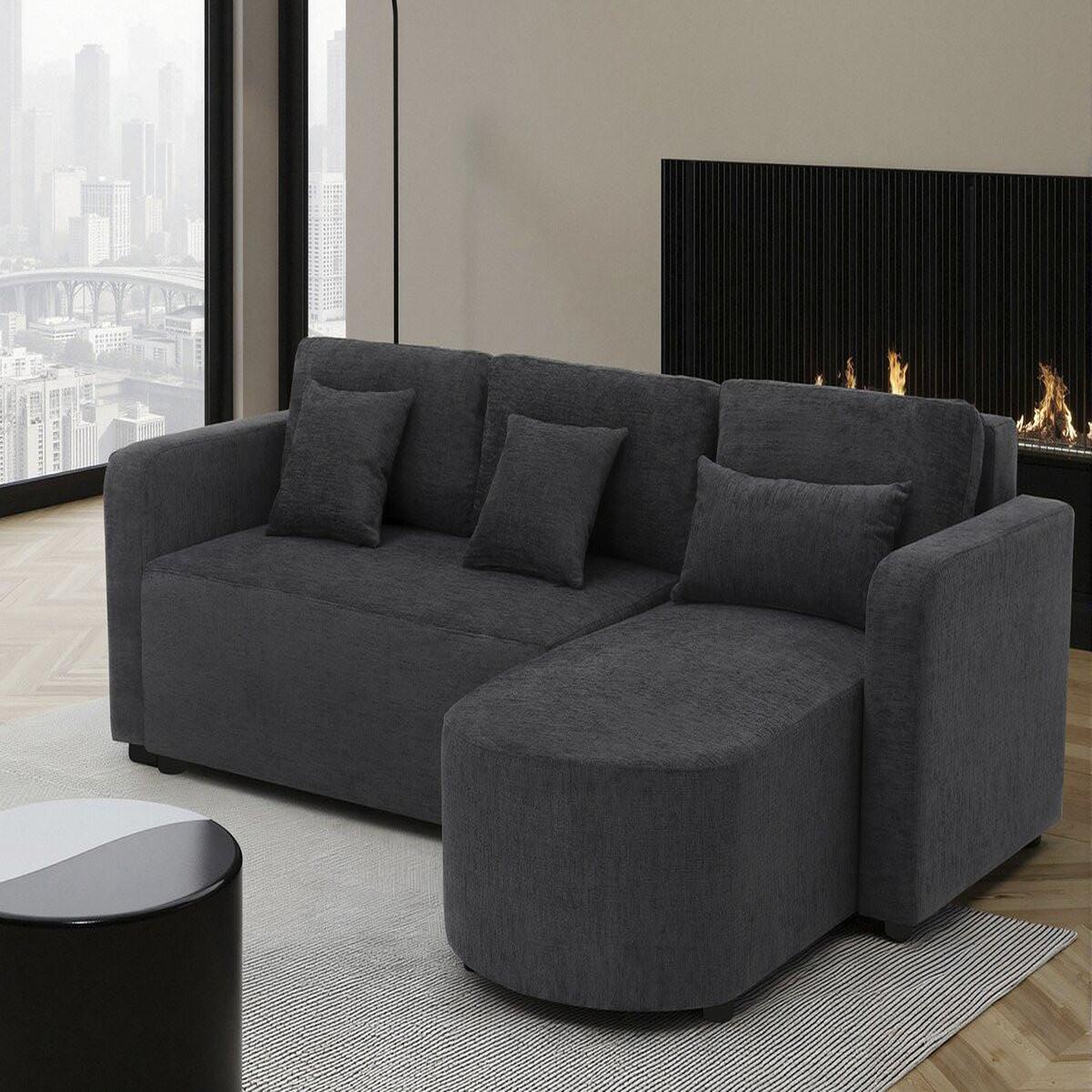 Voir la diapositive 2 : Habitat et Jardin Canapé d'angle convertible/réversible en tissu  charles  - 3 places - noir