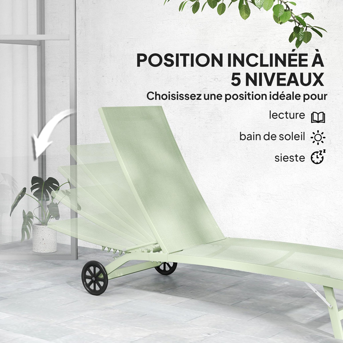 OUTSUNNY Lot de 2 bains de soleil transats inclinables - 2 roulettes - alu. textilène vert