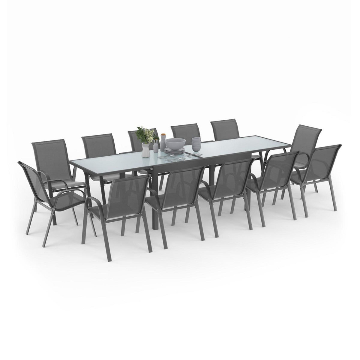 ID MARKET Salon de jardin MADRID table extensible 135-270 CM et 12 chaises empilables gris anthracite