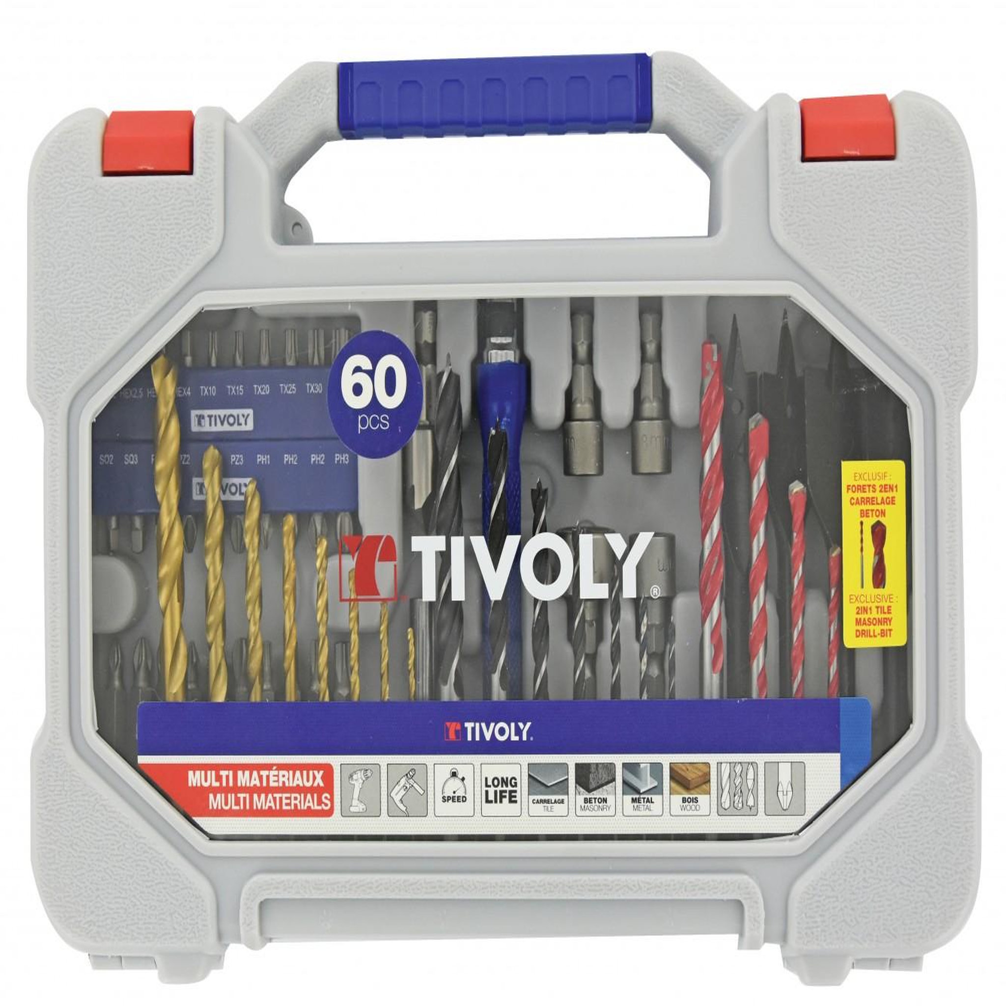 TIVOLY Mallette mixte 60 pièces TIVOLY pour perceuse et visseuse