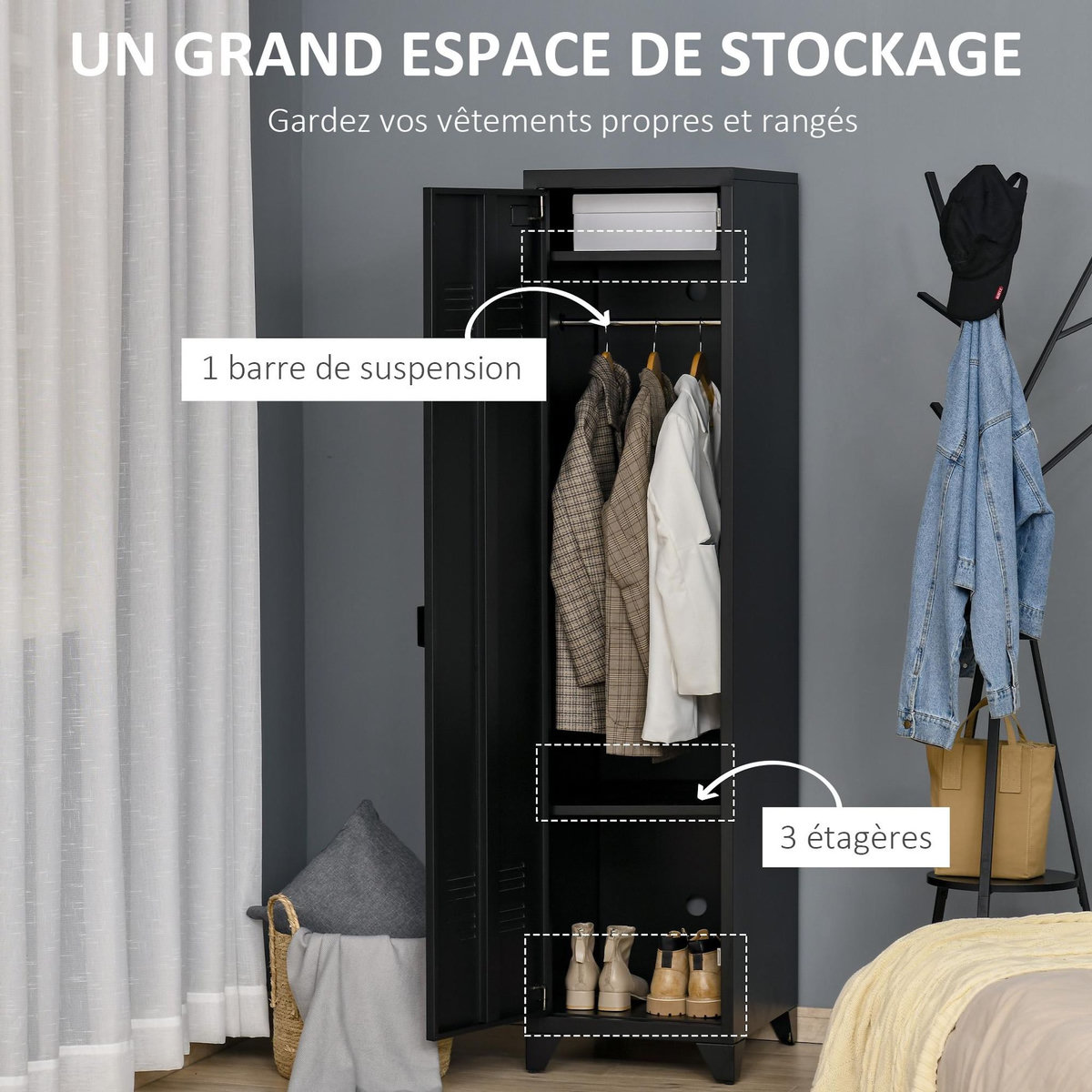 HOMCOM Armoire vestiaire métal design industriel - barre penderie, 3 étagères - dim. 43L x 50l x 180H cm - métal noir
