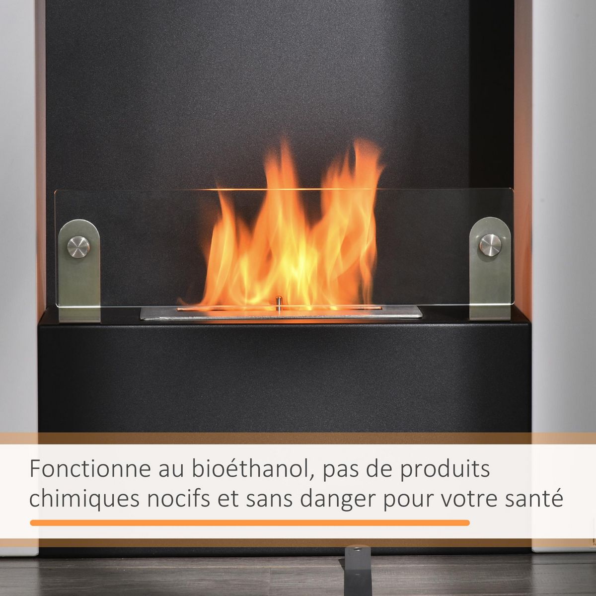 HOMCOM Cheminée bioéthanol design contemporain - étagère, pare-feu verre trempé 6 mm - brûleur 0,9 L - contrôle de flamme et manche inclus - acier noir blanc