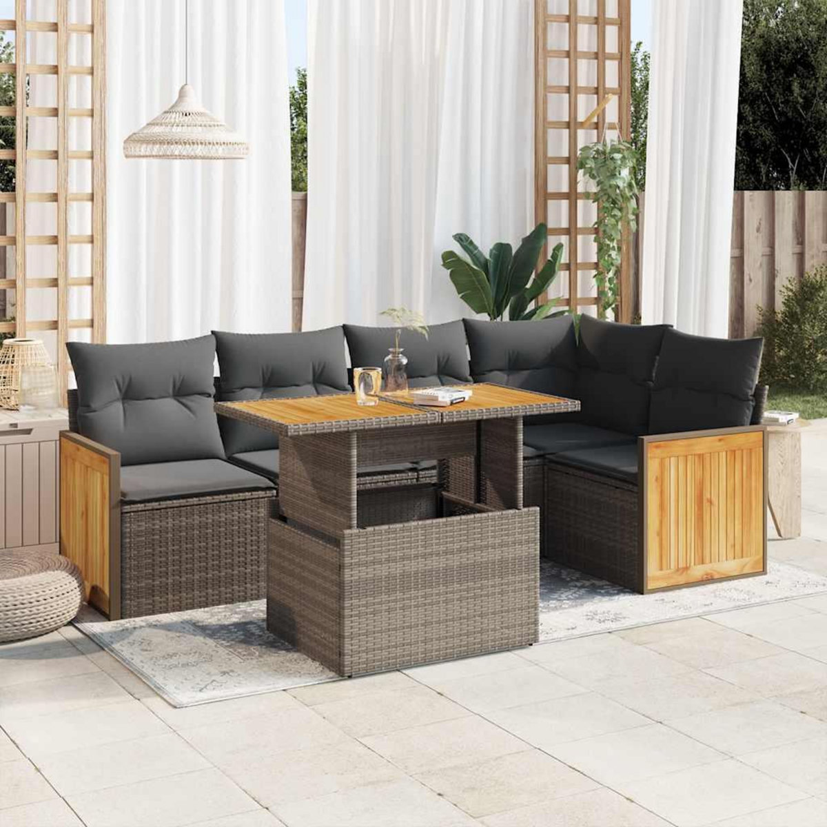 VIDAXL Salon de jardin avec coussins 6 pcs gris resine tressee acacia