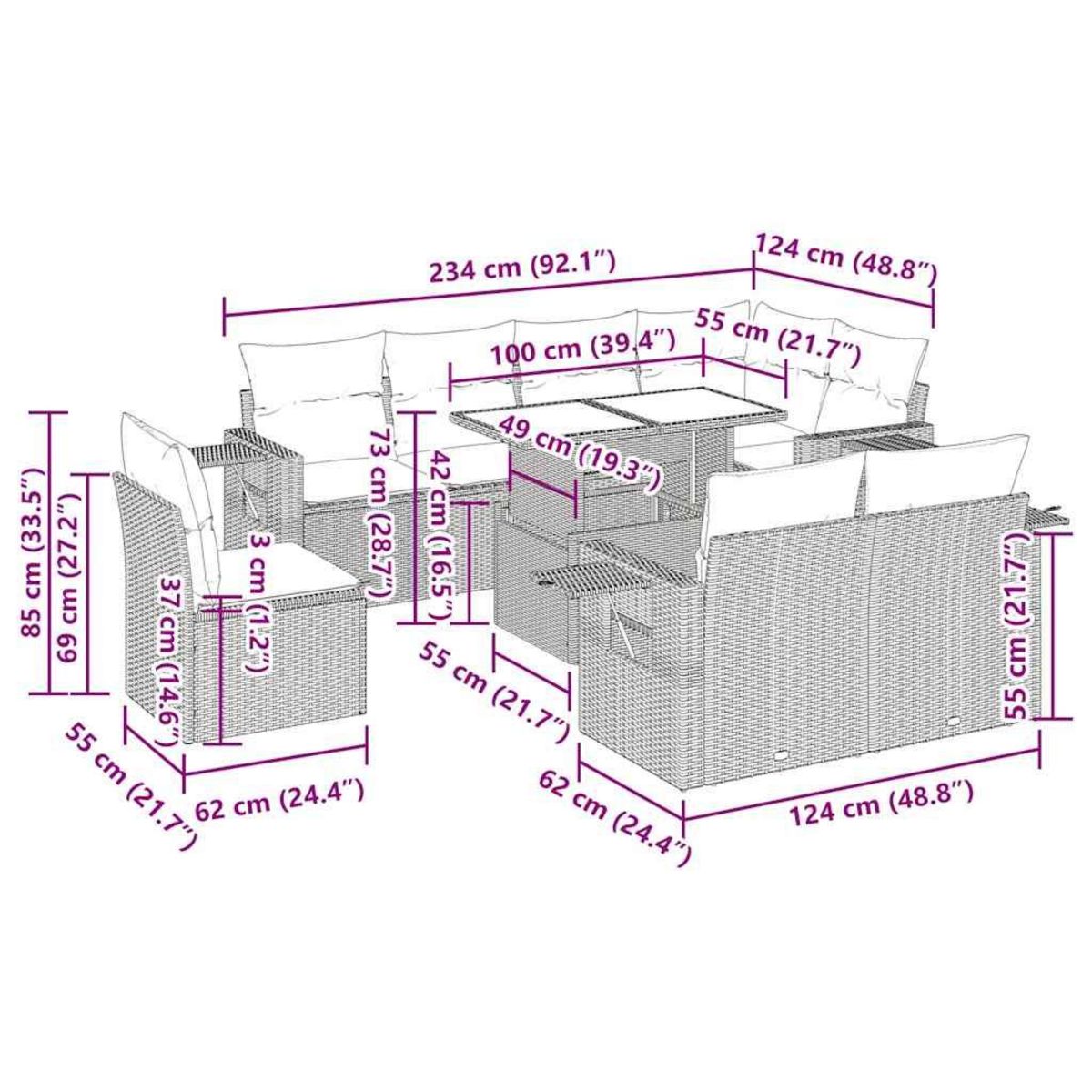 VIDAXL Salon de jardin avec coussins 9 pcs beige resine tressee