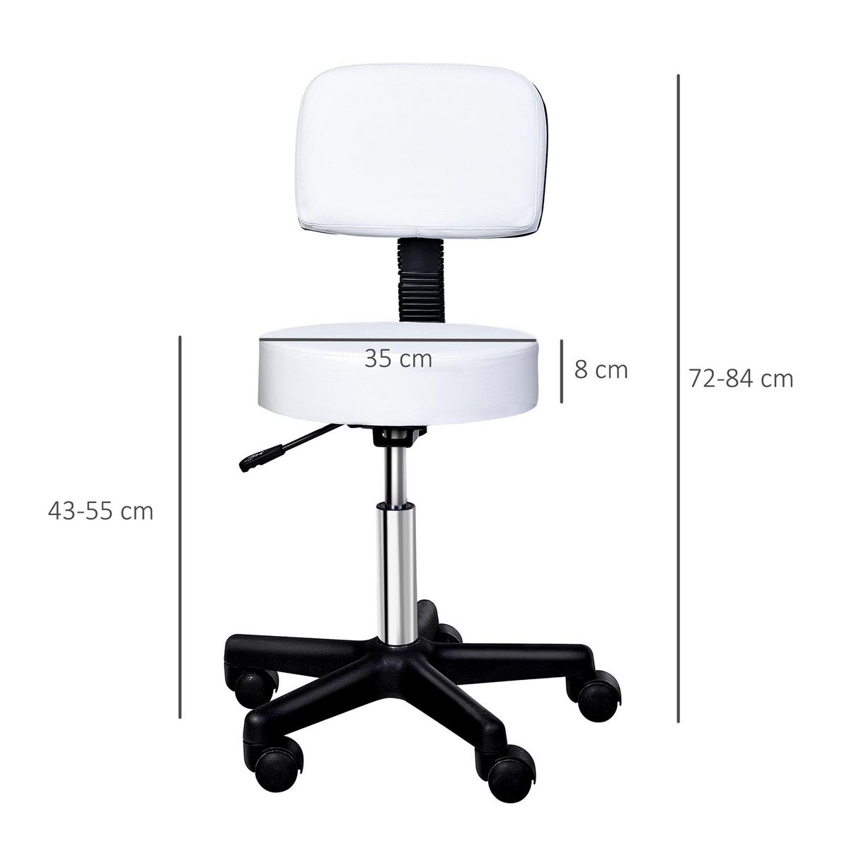 HOMCOM Tabouret massage à roulettes réglable en hauteur pivotant avec dossier ergonomique blanc
