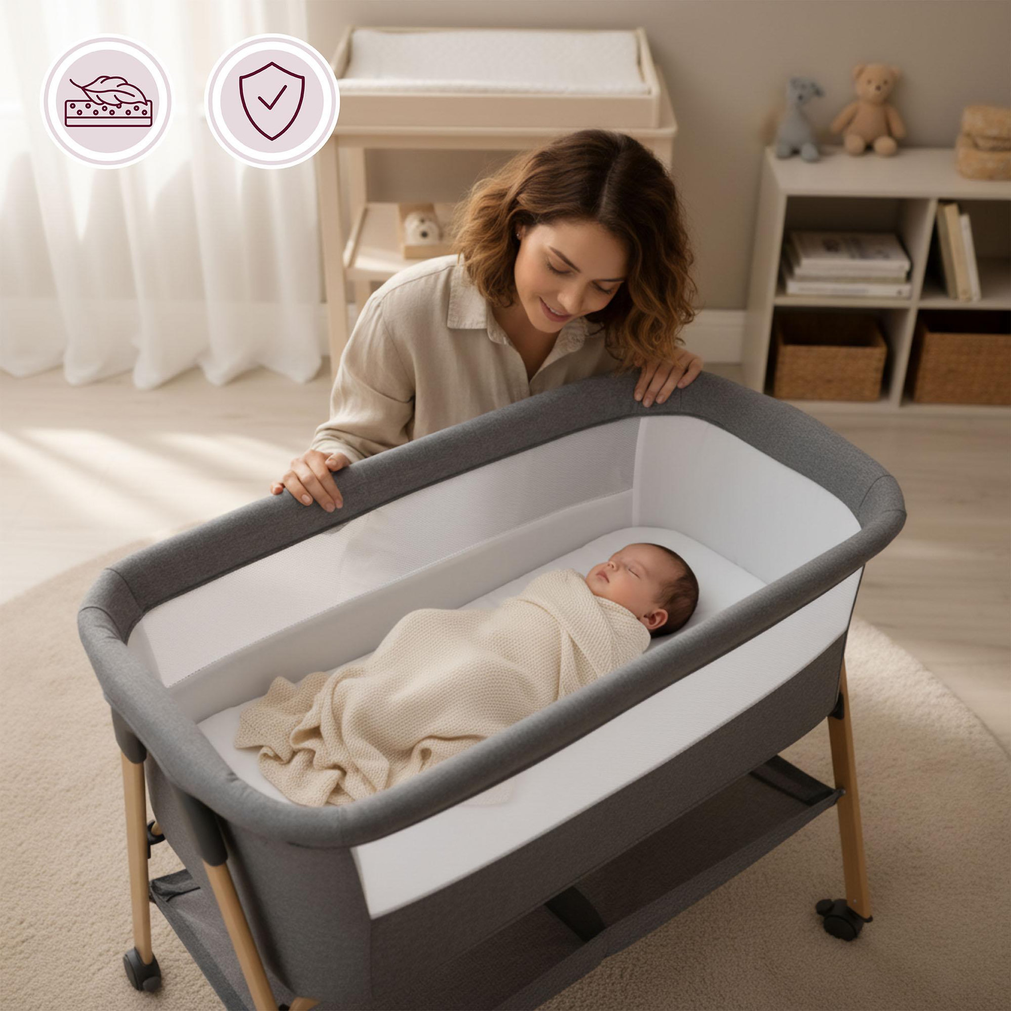 Voir la diapositive 6 : MOBY SYSTEM Lit de voyage Bébé Cododo Autoportant, Matelas, Berceau 0-6 Mois, Pliable, Maille Respirante, Roues