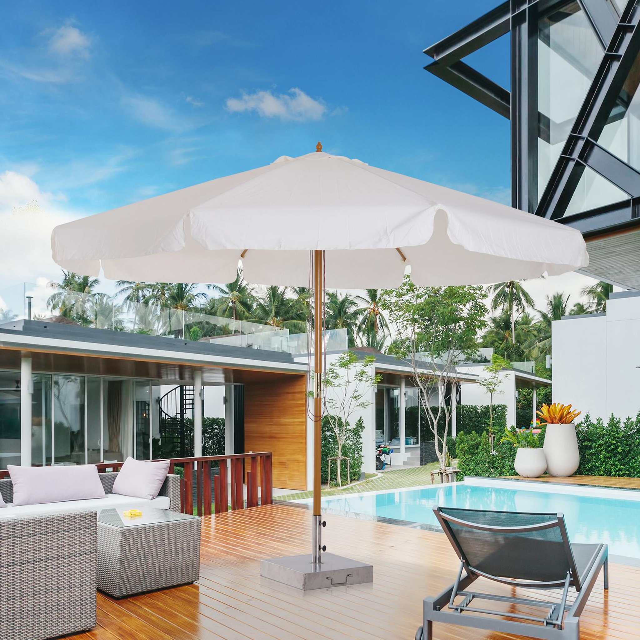 Voir la diapositive 2 : OUTSUNNY Parasol droit rond grande taille de jardin Ø 3,25 x 2,5H m bois de bambou polyester crème