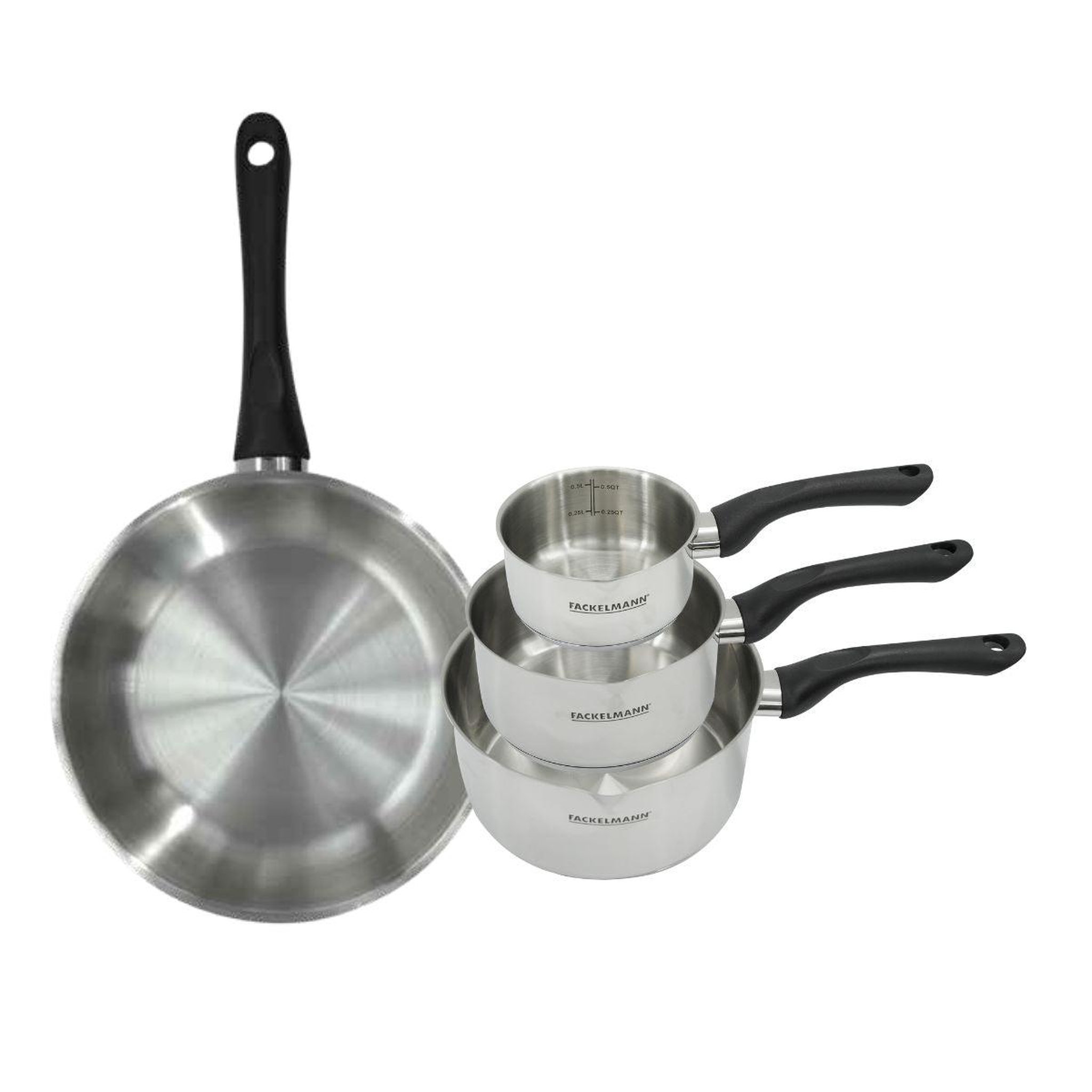 Fackelmann Set poêle 28 cm et 3 casseroles 12 16 et 20 cm en inox fackelmann geneva