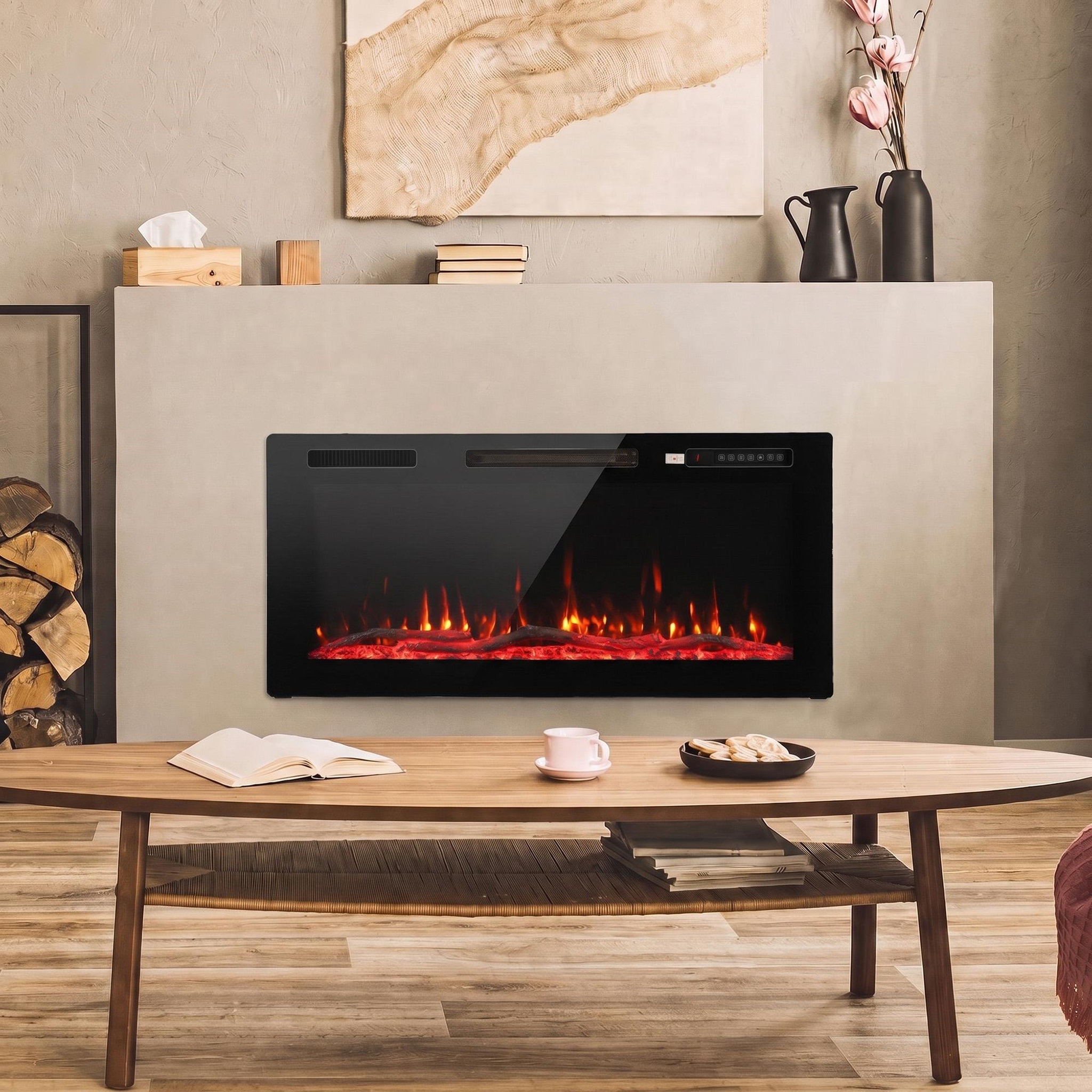 Voir la diapositive 5 : HOMCOM Cheminée électrique design extra-plat sur pieds effet flammes 3D télécommande