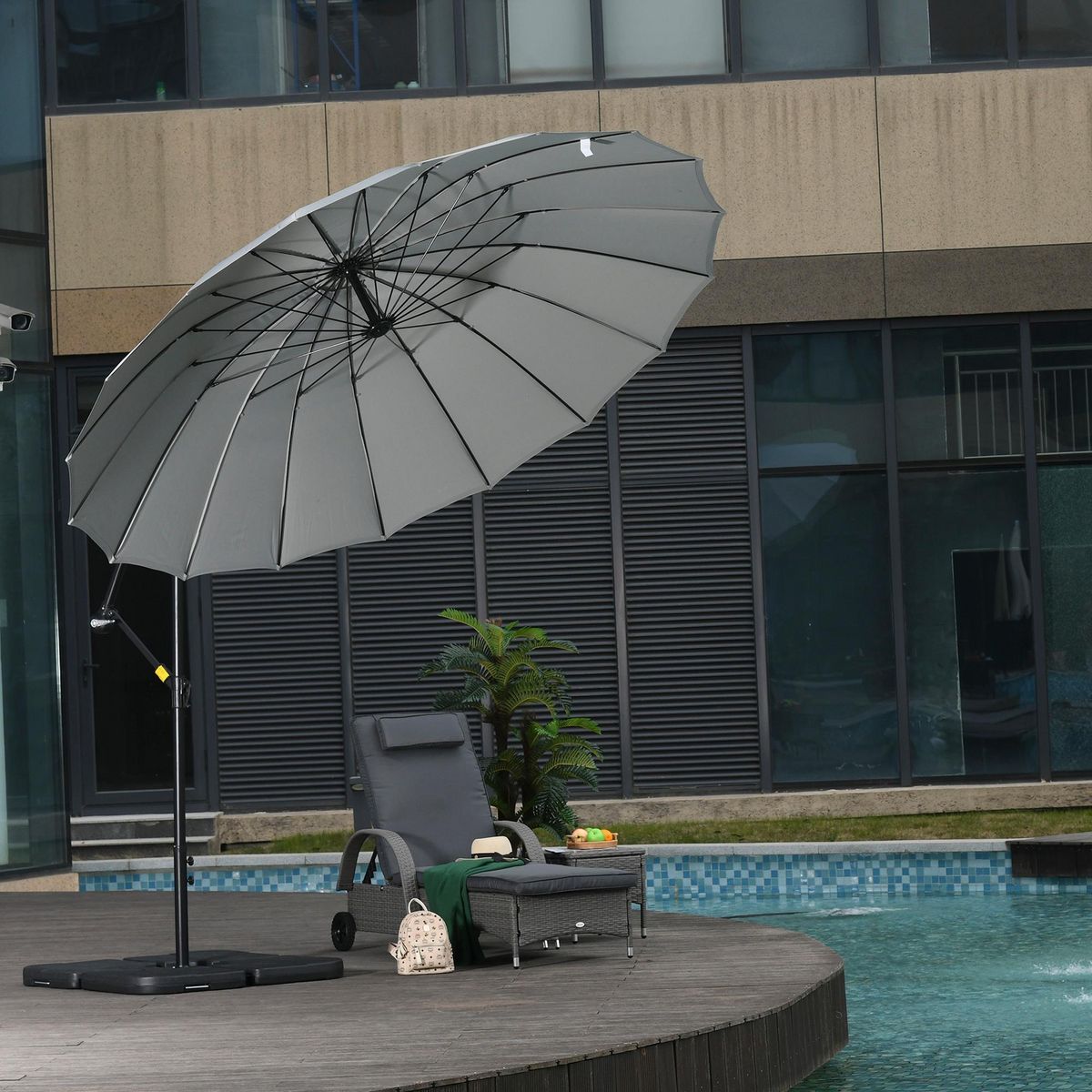 OUTSUNNY Parasol déporté rond inclinable manivelle piètement mât métal. dim. Ø 2,96 x 2,6H m polyester haute densité gris