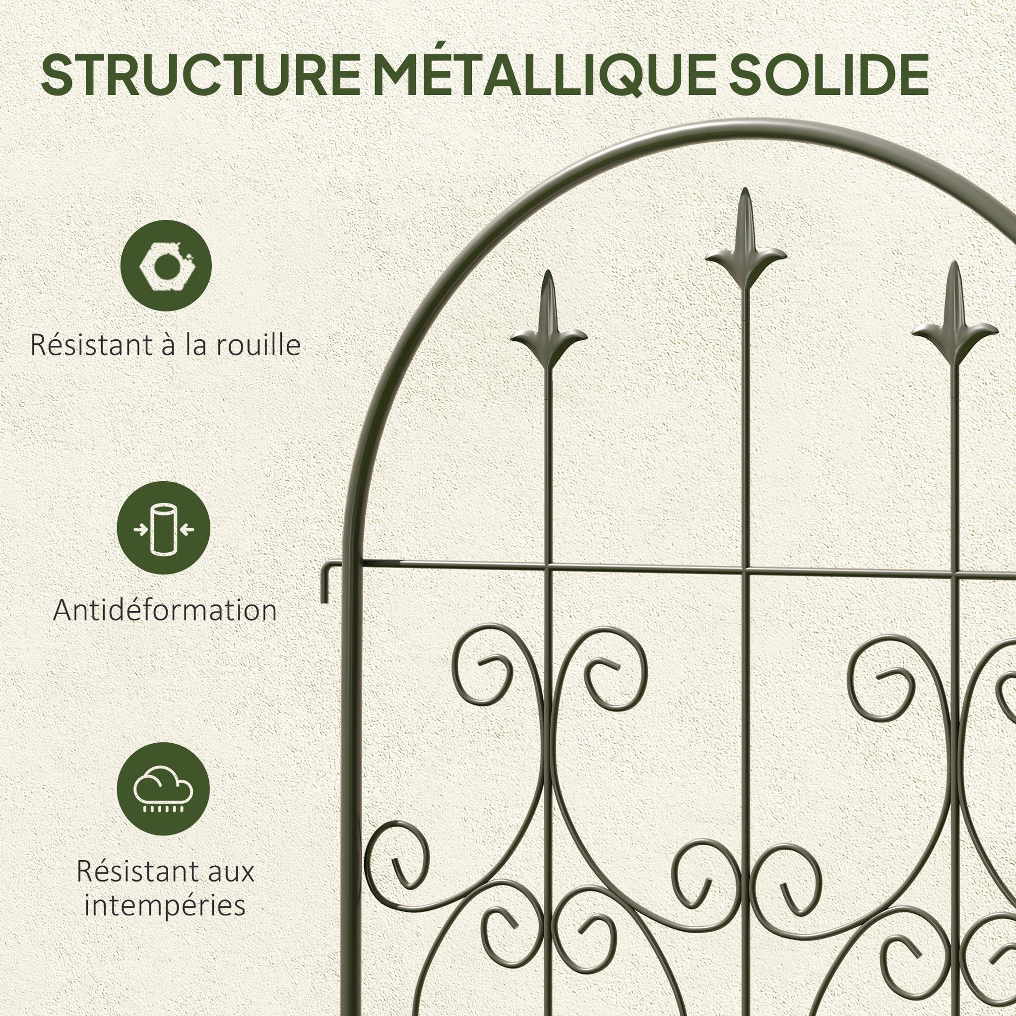 Voir la diapositive 5 : OUTSUNNY Treillis de jardin effet fer forgé pointe de fleur de lys  - 2 supports plantes grimpantes - 50 x 220 cm - métal époxy noir