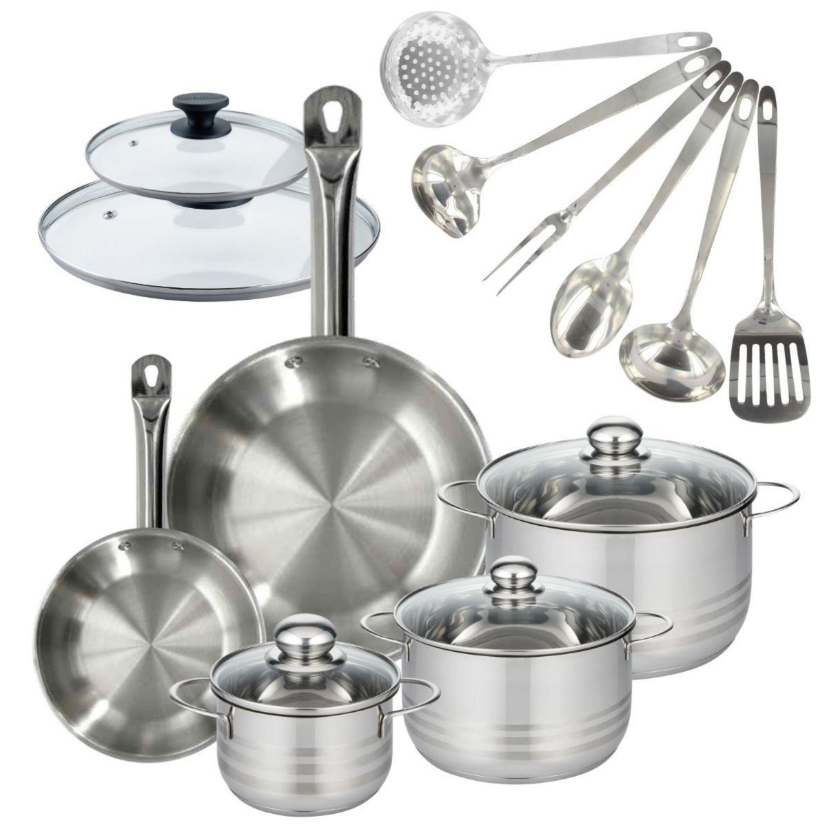 Fackelmann Set 2 poêles 20 et 28 cm en inox et couvercles, 3 faitouts inox 16, 20 et 24 cm et 6 ustensiles inox Fackelmann Eterna