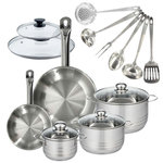 Fackelmann Set 2 poêles 20 et 28 cm en inox et couvercles, 3 faitouts inox 16, 20 et 24 cm et 6 ustensiles inox Fackelmann Eterna