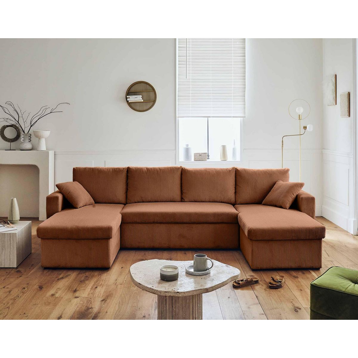 BEST MOBILIER Cyrus - canapé panoramique en u - 7 places - convertible avec coffre - en velours côtelé