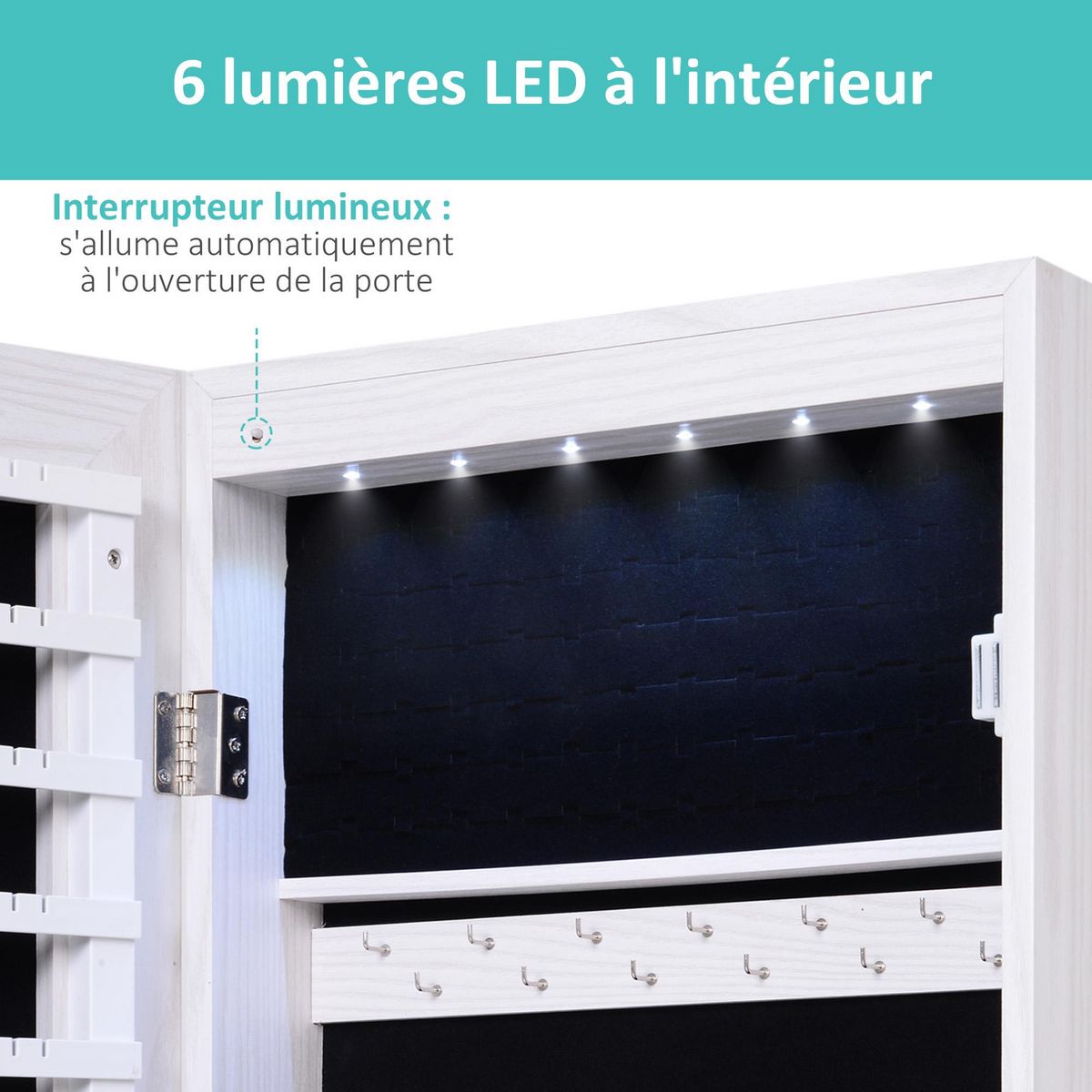 HOMCOM Armoire à bijoux miroir à suspendre 2 en 1 - éclairage LED intérieur, verrouillable, multi-rangement - blanc