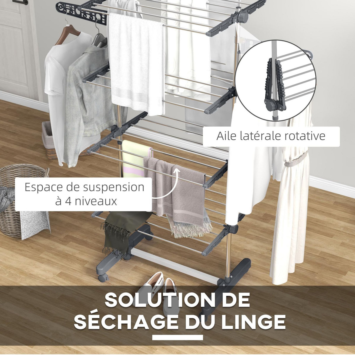 HOMCOM Séchoir à linge étendoir pliable ailes latérales 4 niveaux
