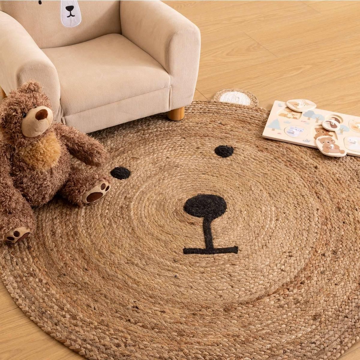 Atmosphera Kids Tapis enfant rond Ourson - Diam 100 cm - Jute