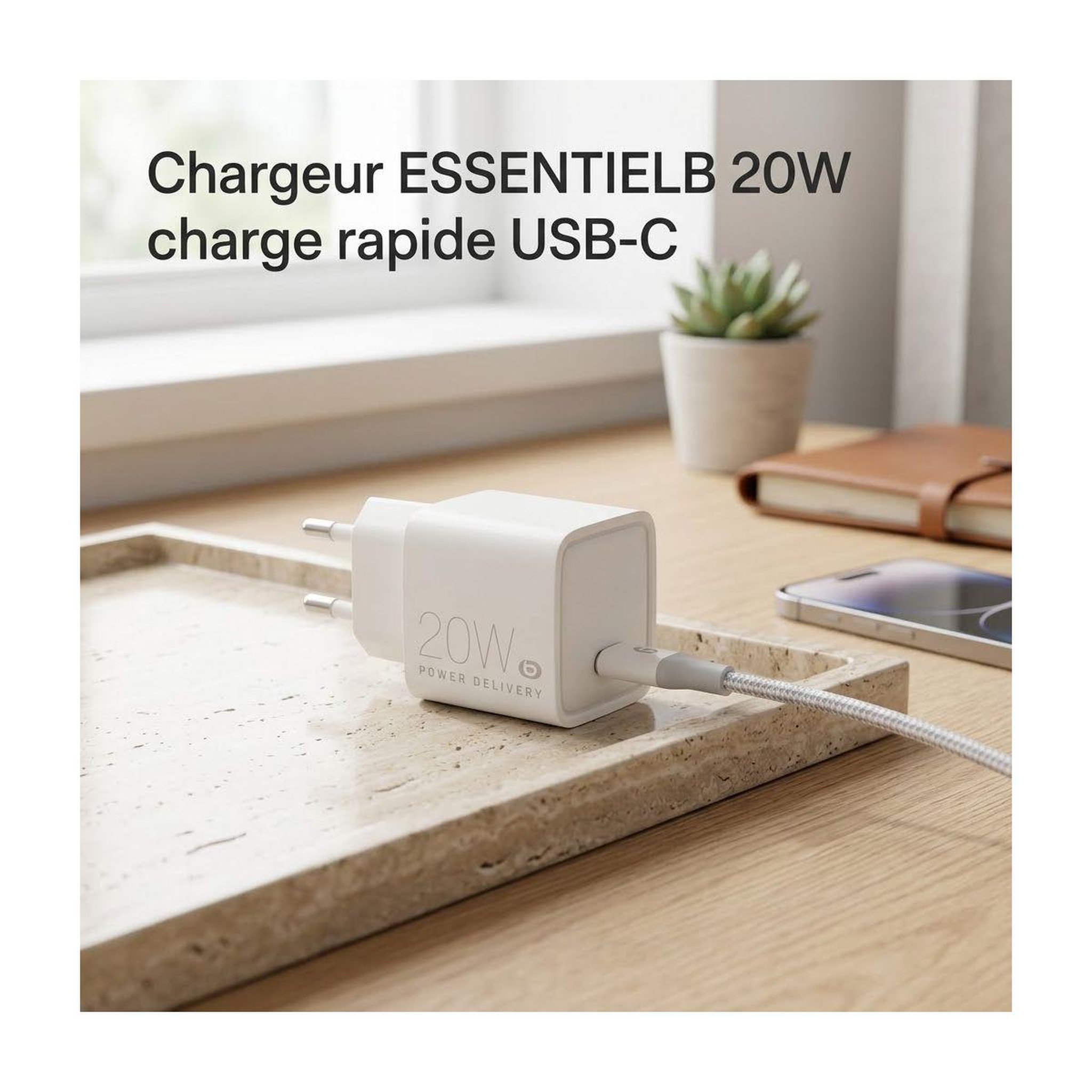 Voir la diapositive 2 : ESSENTIEL B Chargeur 20w charge rapide usb-c blanc compatible iphone 17 16 15 pro max et samsung galaxy