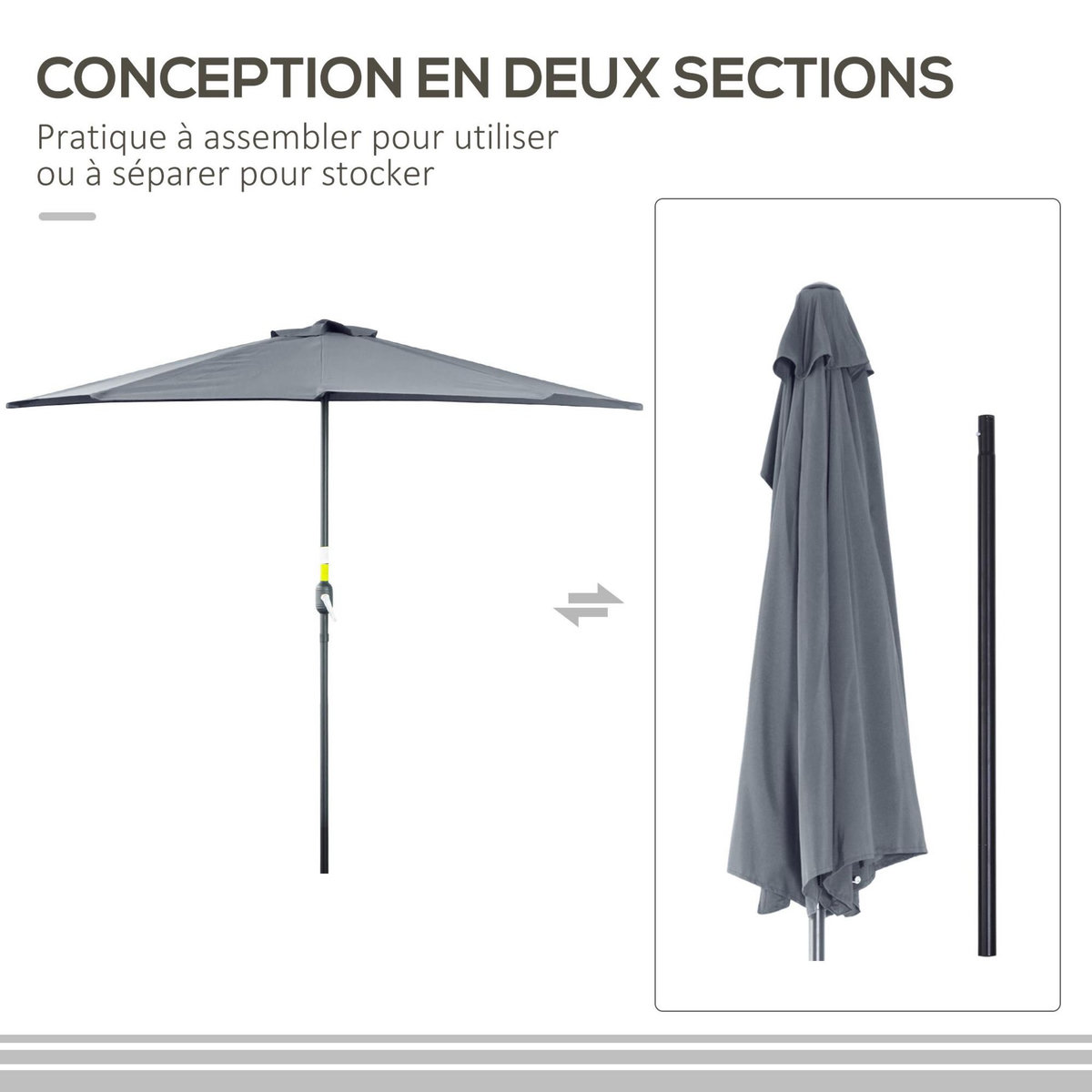 OUTSUNNY Demi parasol, parasol de balcon 5 entretoises métal polyester 2,69L x 1,38l x 2,36H m gris