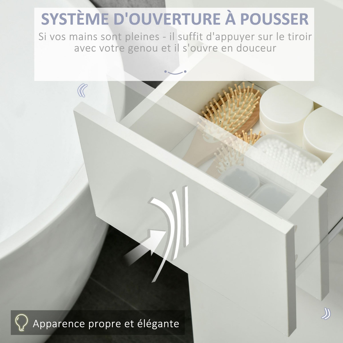 KLEANKIN Meuble colonne rangement salle de bain style contemporain façade laquée 2 portes 3 étagères tiroir panneaux MDF blanc