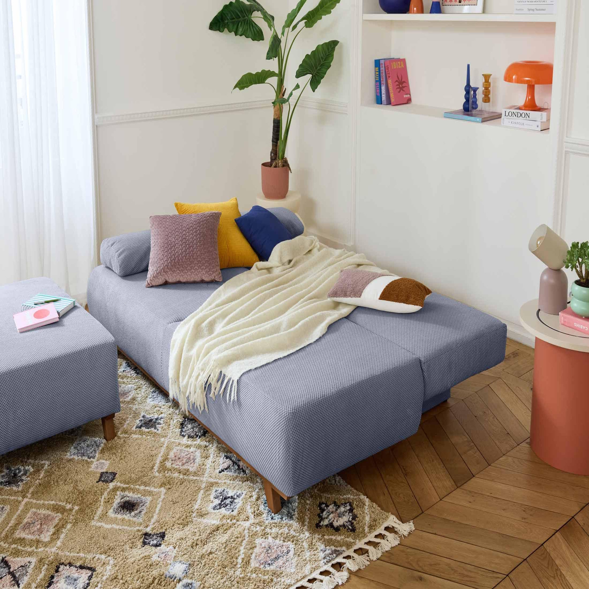 Voir la diapositive 2 : BEST MOBILIER Cristal - canapé 3 places - convertible avec coffre et grand pouf - en velours texturé