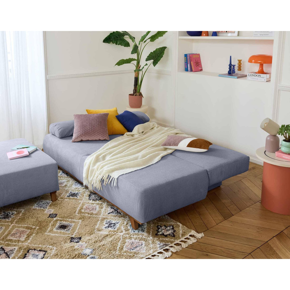 BEST MOBILIER Cristal - canapé 3 places - convertible avec coffre et grand pouf - en velours texturé