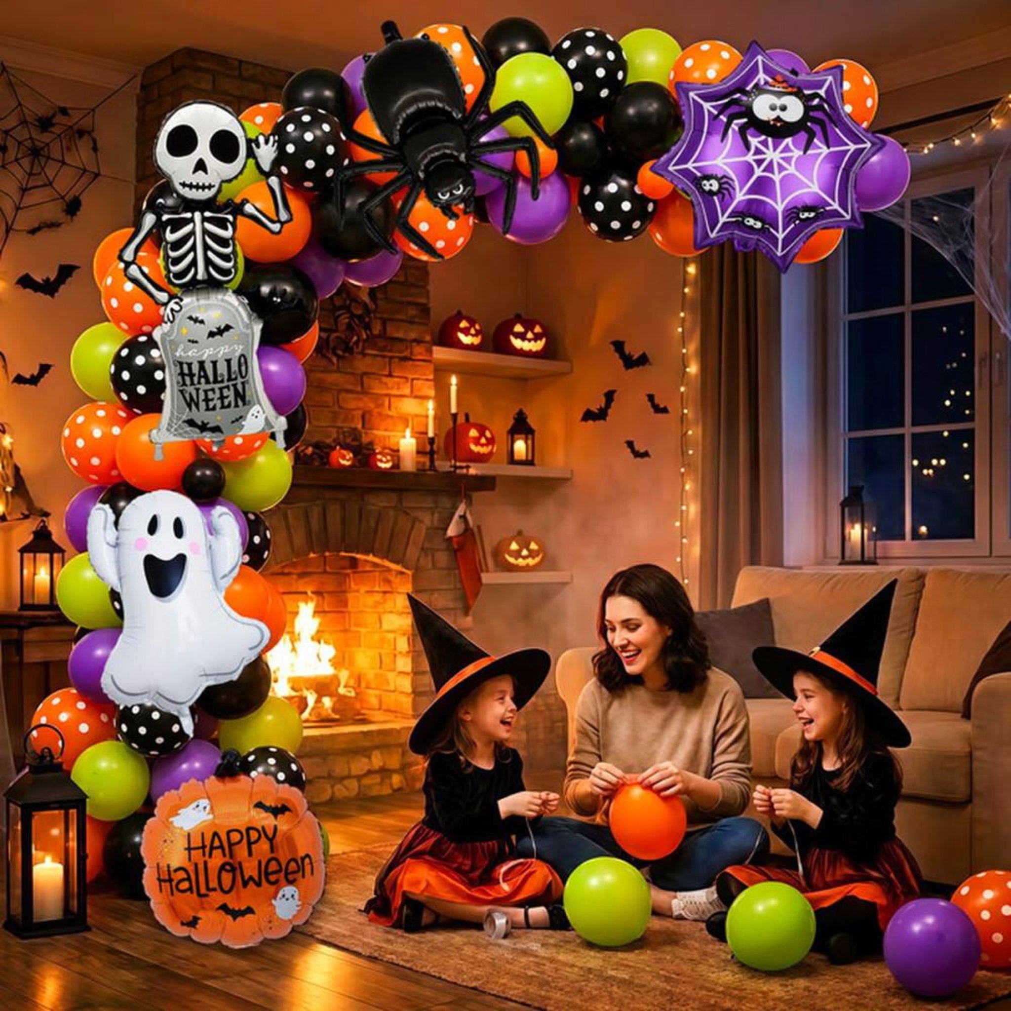Voir la diapositive 4 : Décoration fête Halloween avec ballons 108 pièces, noir, orange, violet et vert, chauves-souris et panneaux  Happy Halloween