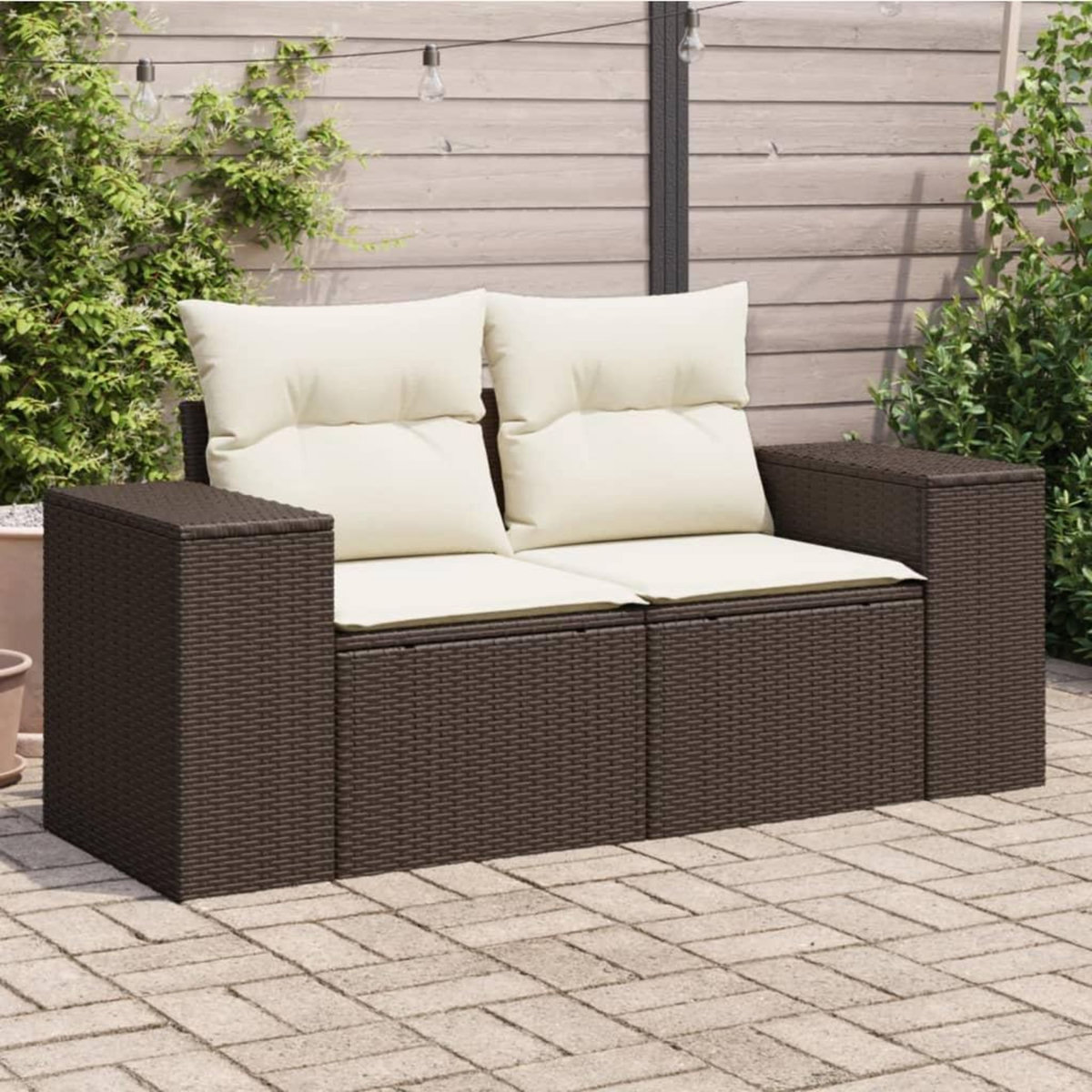 VIDAXL Canape de jardin avec coussins 2 places marron resine tressee
