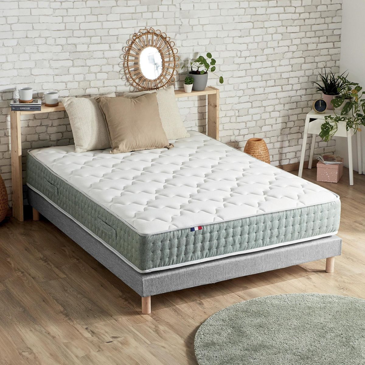 IDLITERIE Ensemble matelas Ressort 7 zones HYGGE + Sommier + couette + oreillers Fabriqué en France