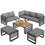 MERAX Salon de jardin 7 places en métal avec canapé d'angle, table basse et 2 repose-pieds. Coloris disponibles : Beige, Gris