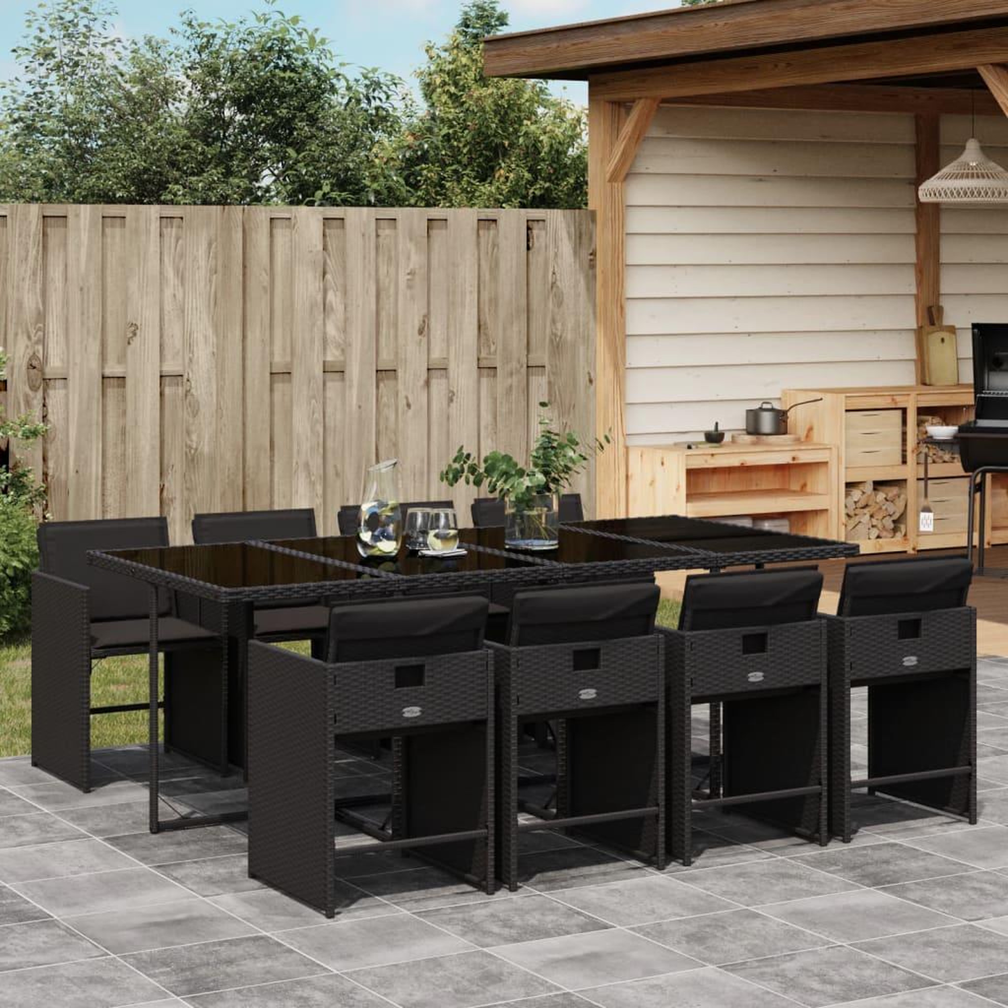 VIDAXL Ensemble a manger de jardin 9pcs coussins noir resine tressee