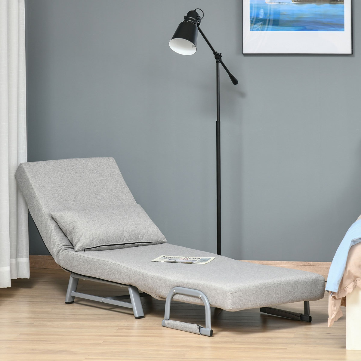 HOMCOM Fauteuil chauffeuse canapé-lit convertible inclinable 1 place grand confort coussin lombaires accoudoirs piètement métal lin gris clair
