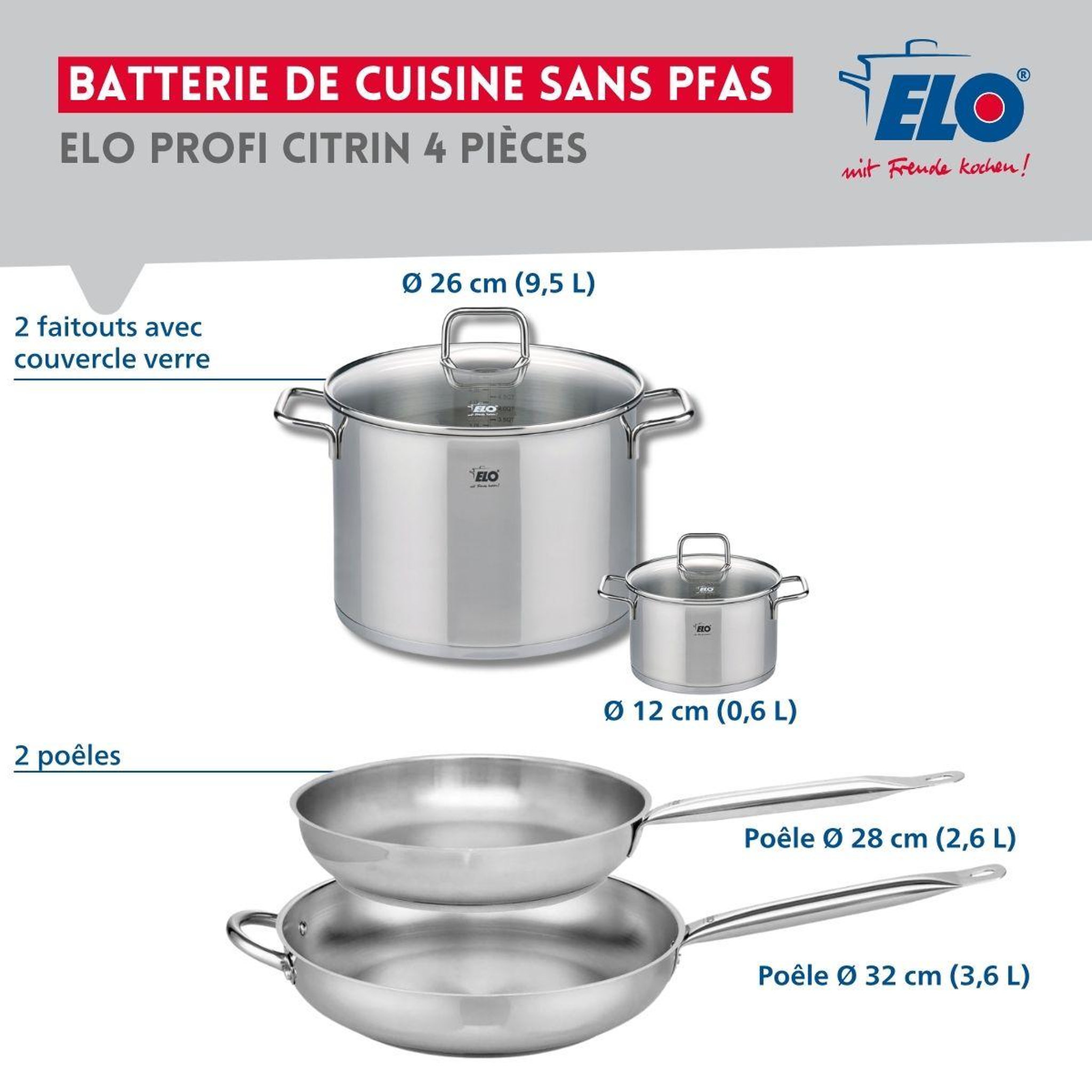 Voir la diapositive 2 : ELO Ensemble de 2 poêles de cuisson 28 et 32 cm et 2 faitouts 12 et 26 cm elo profi citrin