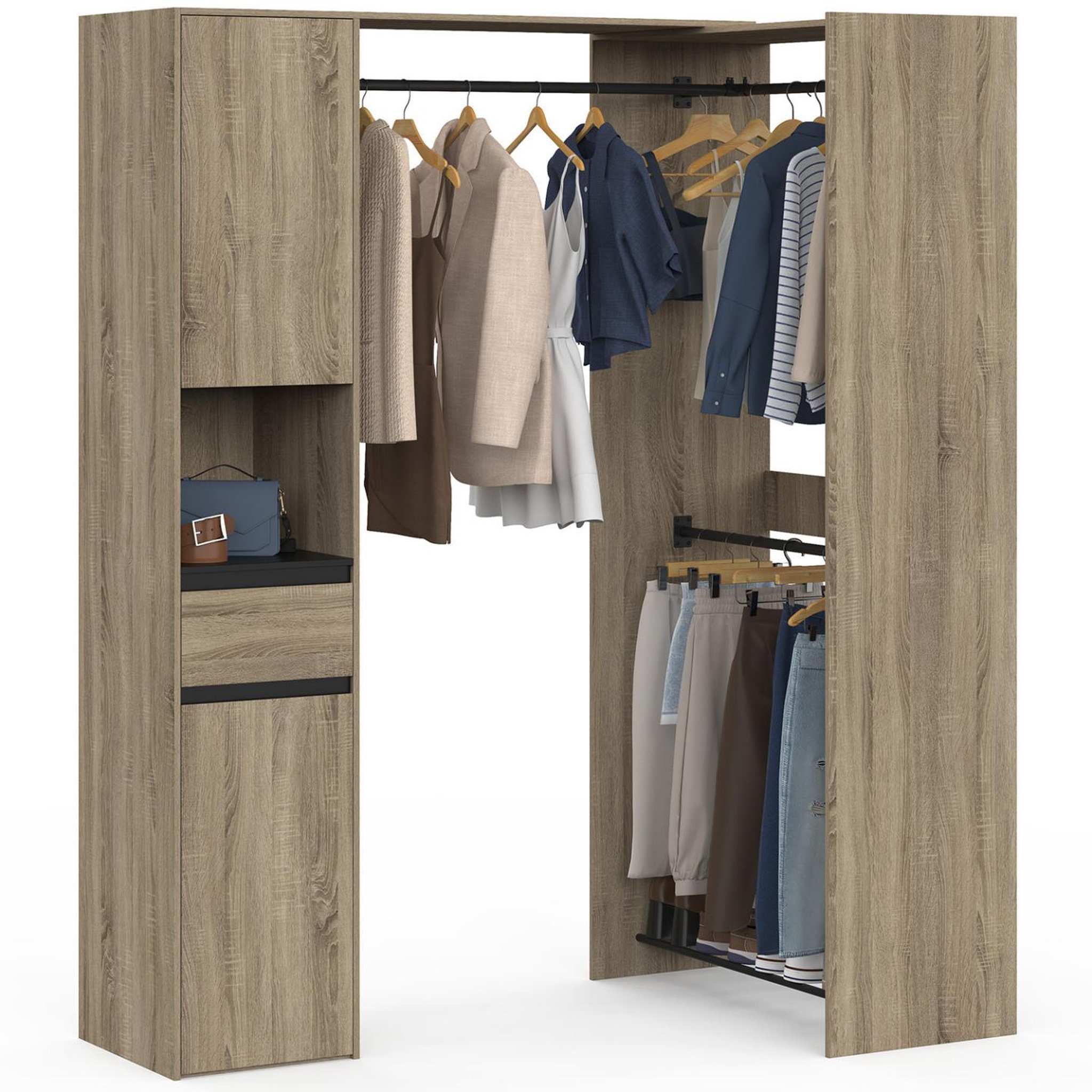 ID MARKET Dressing d'angle modulable l. 145 / 203 cm melman triple penderie + portes + tiroir + étagères bois et noir