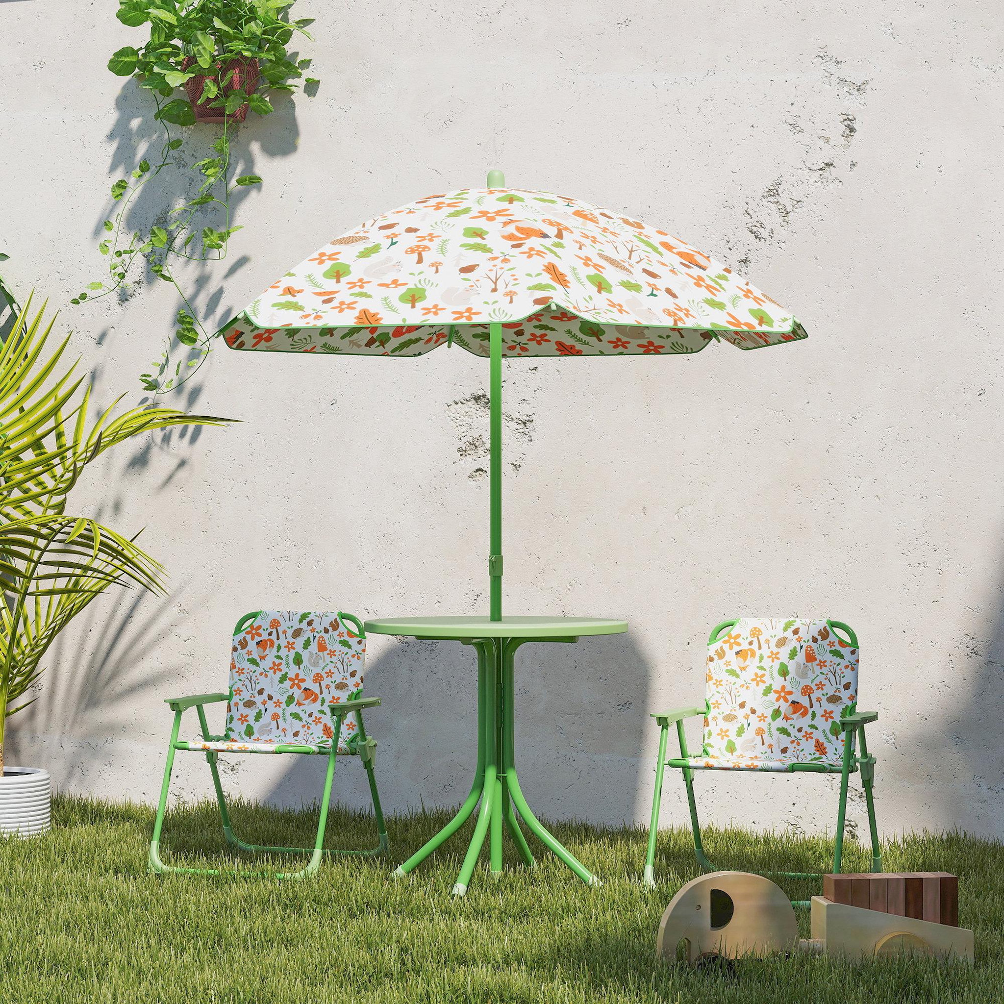 Voir la diapositive 2 : OUTSUNNY Ensemble salon de jardin enfant pliable 2 places 4 pièces motif vie de la forêt vert
