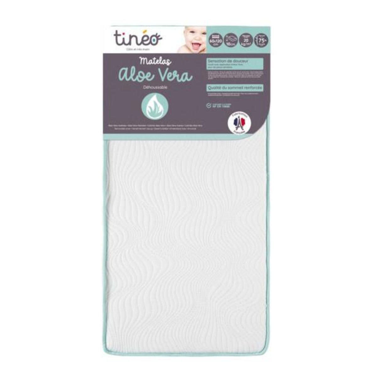 TINEO Matelas bébé 60x120x10cm Aloe vera - Peau Sensible - Propriétés Anti Bactériennes/Allergenes - Apaisant - Fabriqué En Fran