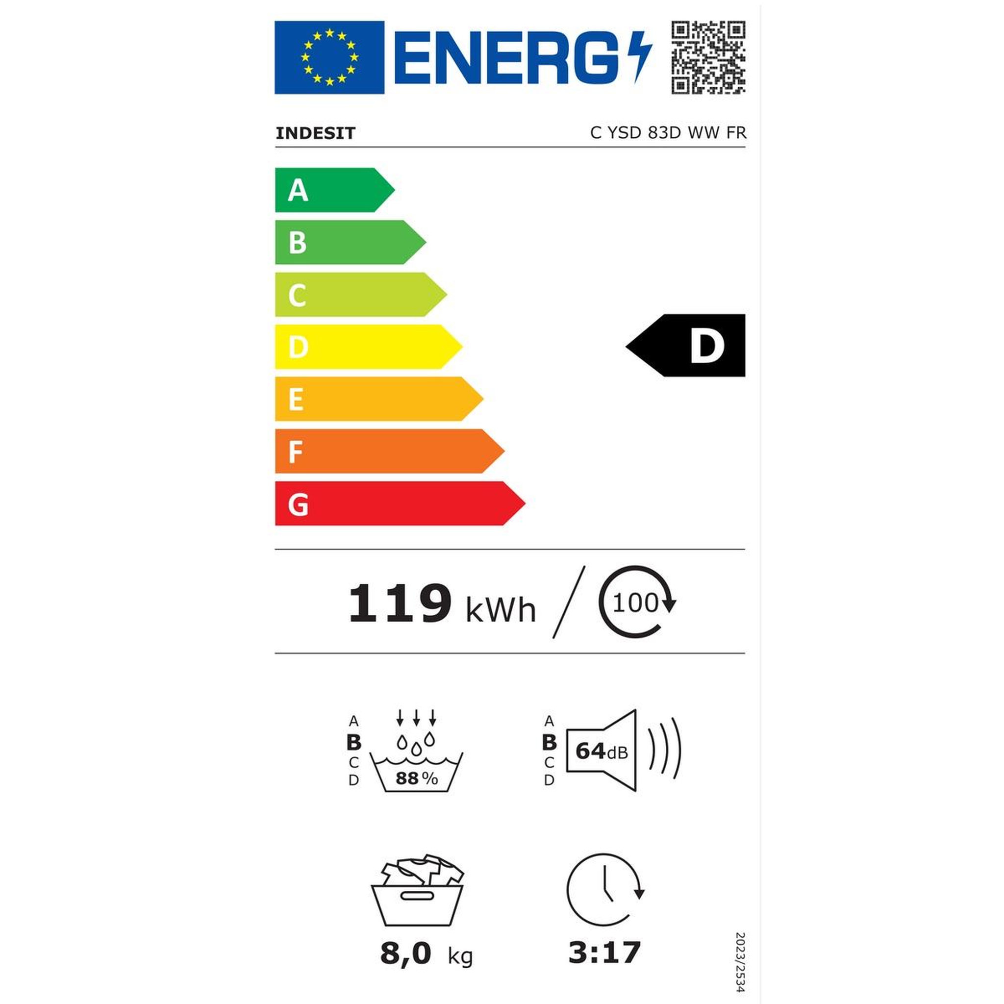 Voir la diapositive 2 : Indesit Sèche-linge pompe à chaleur 60cm 8kg - CYSD83DWWFR