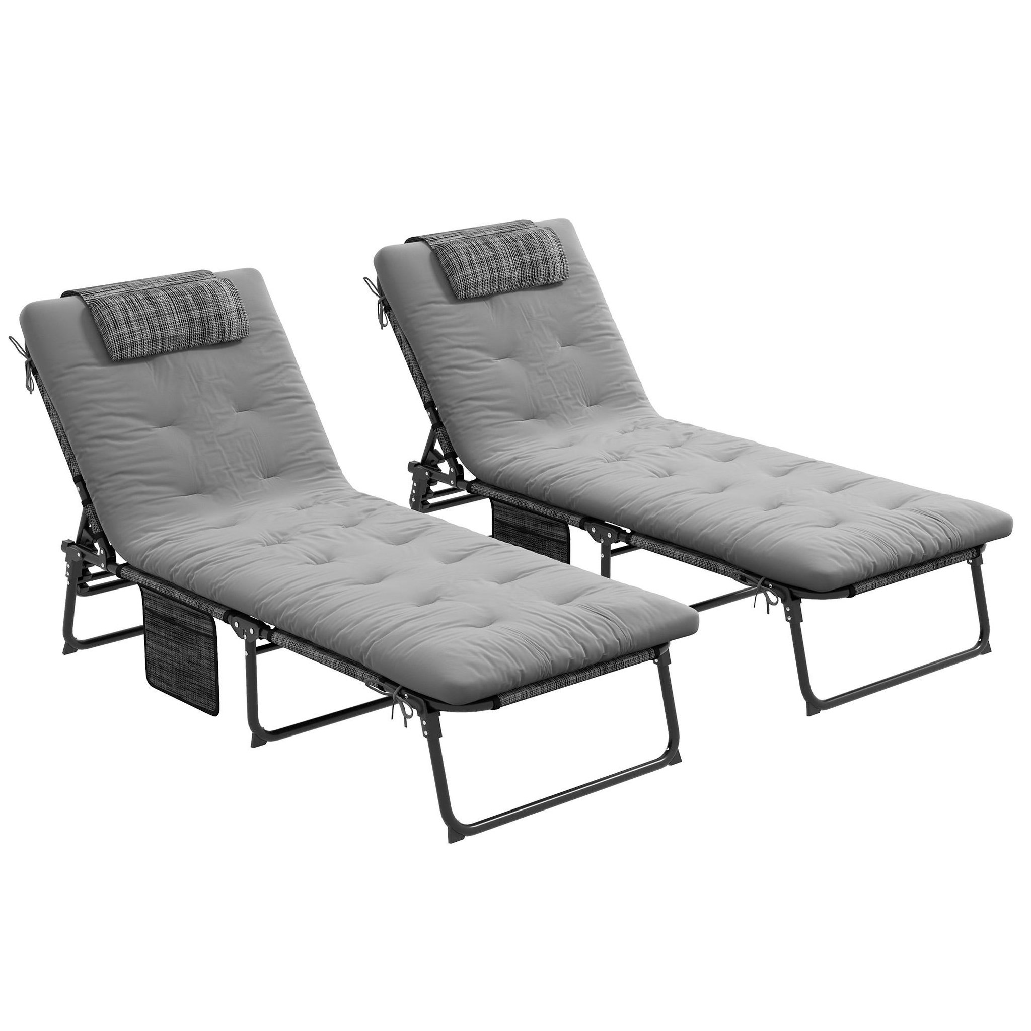 Voir la diapositive 1 : OUTSUNNY Lot de 2 transats bains de soleil pliables inclinables - tétière, matelas épais - métal tissu gris