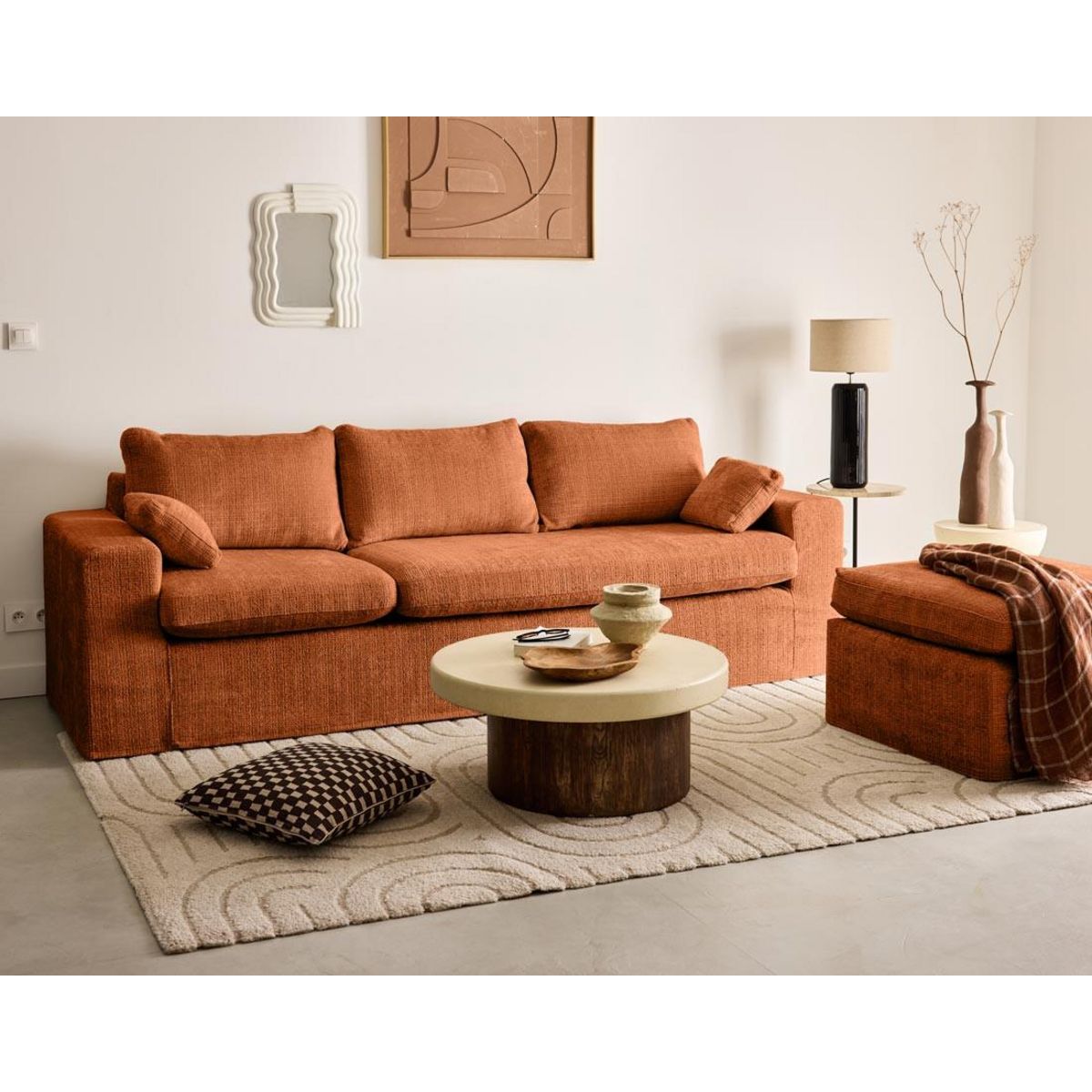 LISA DESIGN Calgary - canapé d'angle déhoussable et modulable 3 places + 1 pouf en velours texturé