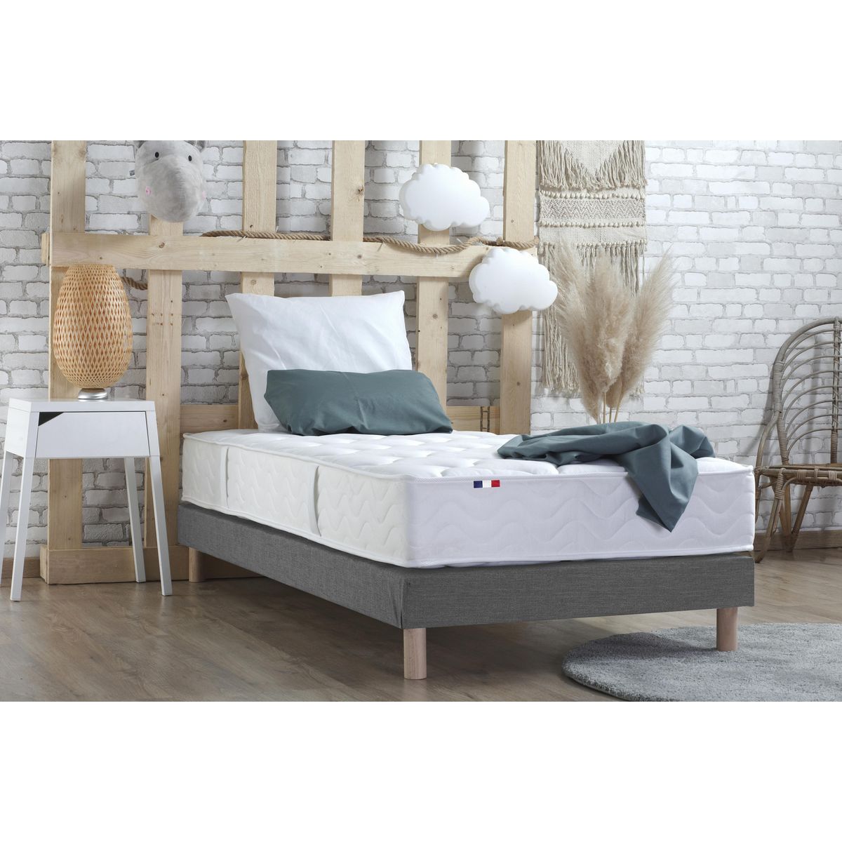 Ensemble literie matelas 378 ressorts ensachés + sommier tapissier gris chiné 90x190 cm ASTRE