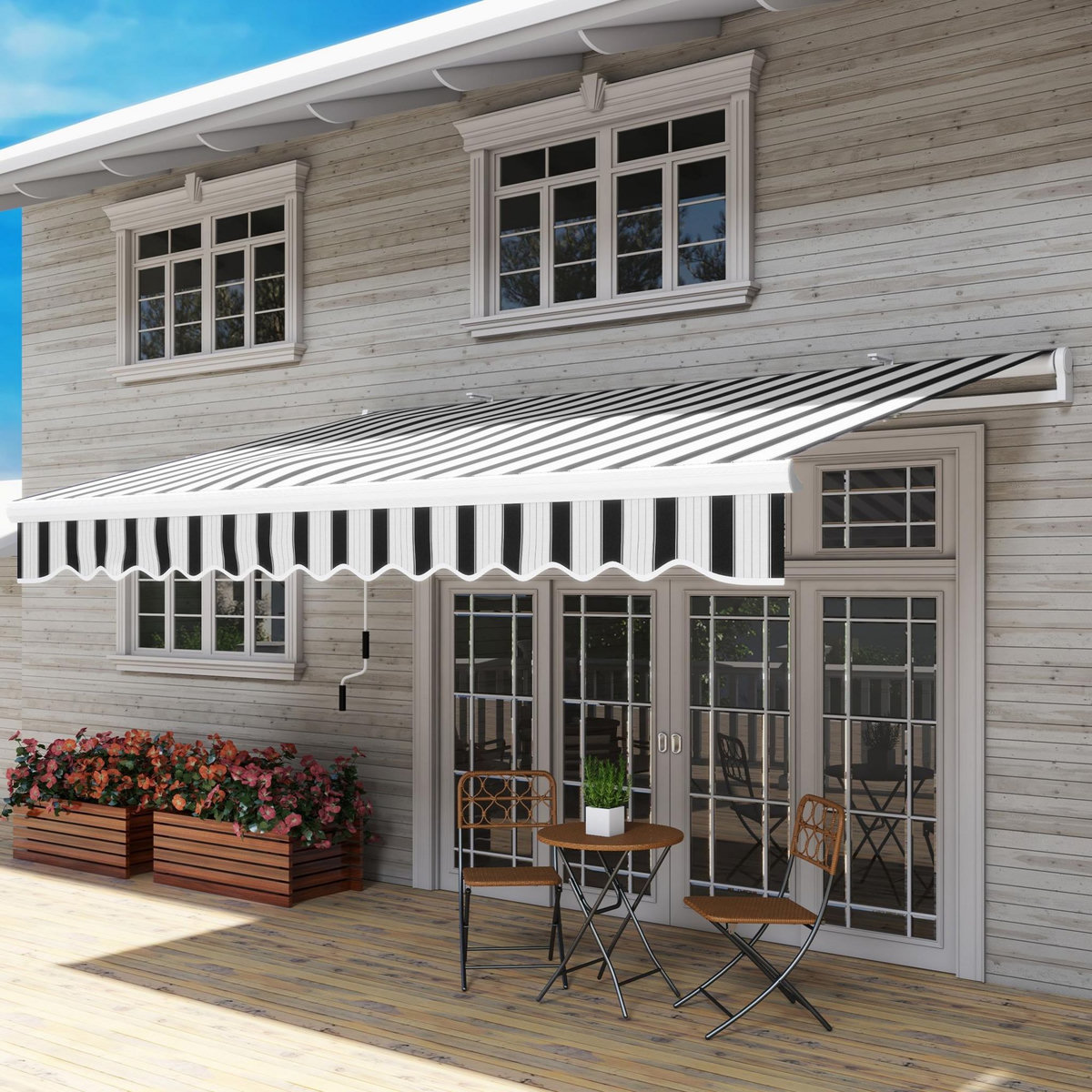 OUTSUNNY Store banne manuel rétractable alu. polyester imperméabilisé haute densité 4 x 2,5 m bleu blanc rayé