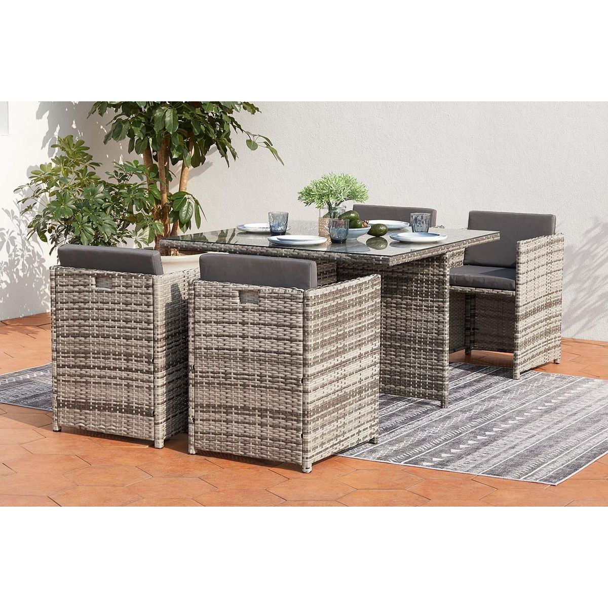 CONCEPT USINE Salon de jardin encastrable 4 personnes en résine tressée gris MIAMI
