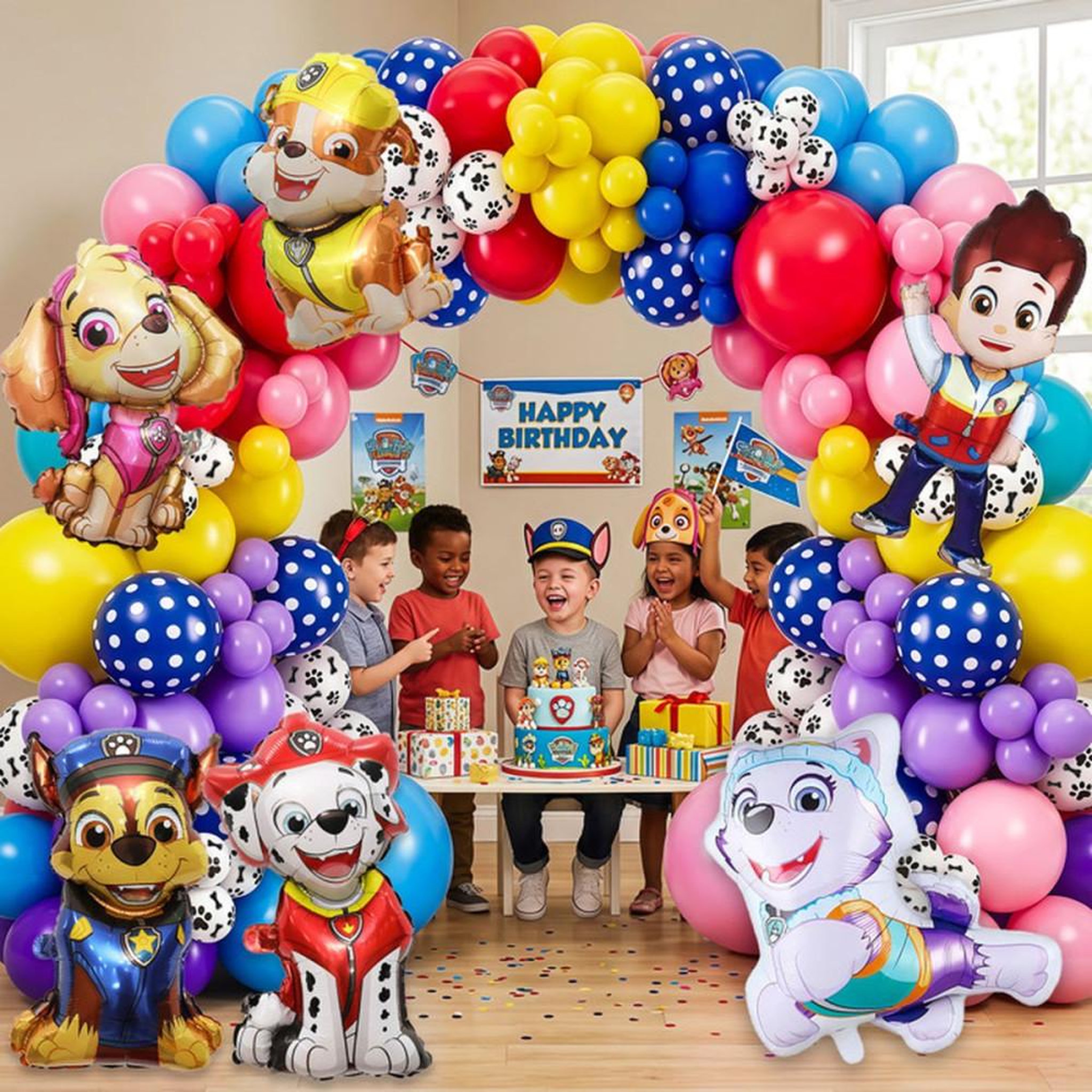 Voir la diapositive 3 : Kit décoration ballons anniversaire Paw Patrol 92 pièces avec ballons à motifs et ballons unis