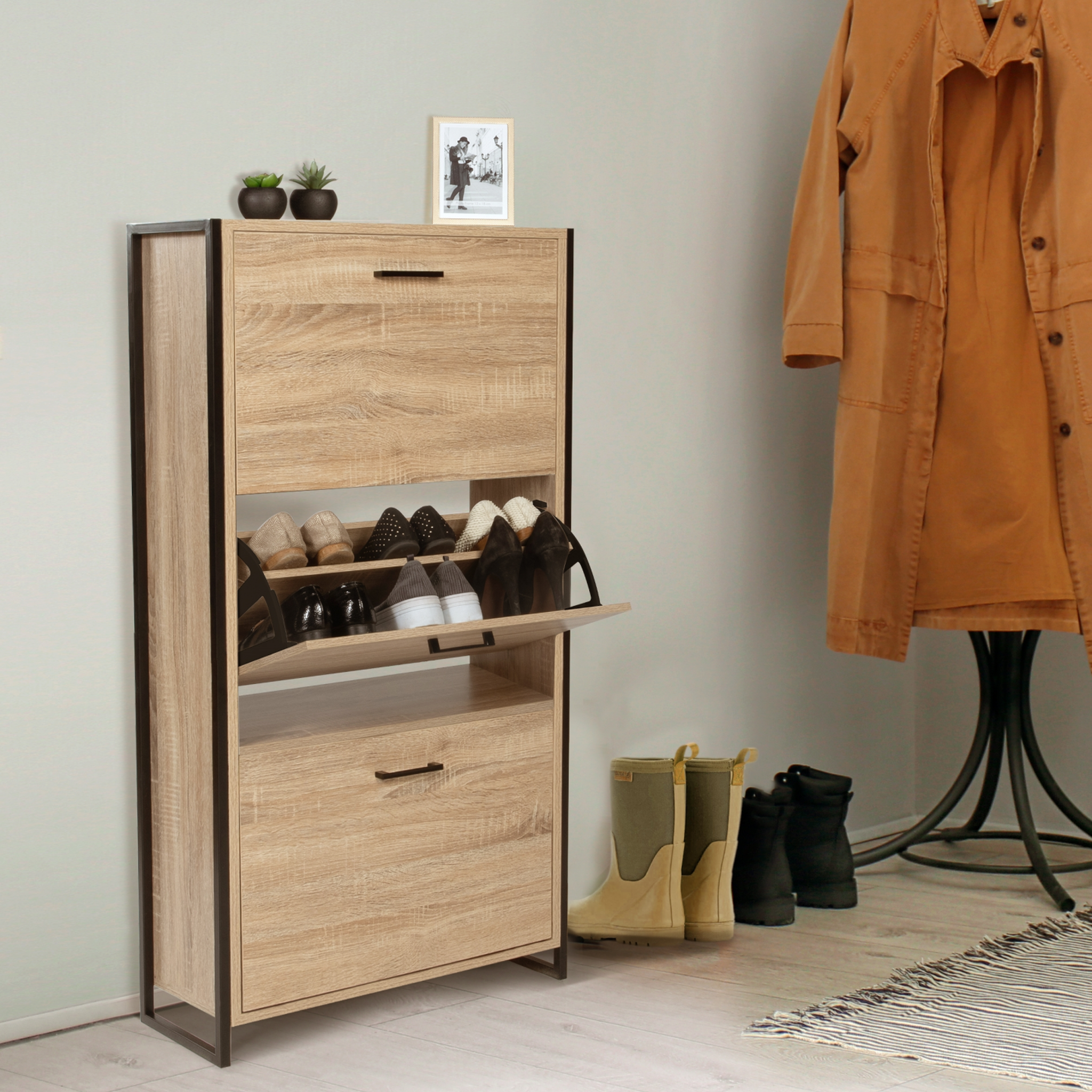 Voir la diapositive 2 : ID MARKET Meuble à chaussures 18 paires luis 3 portes design industriel