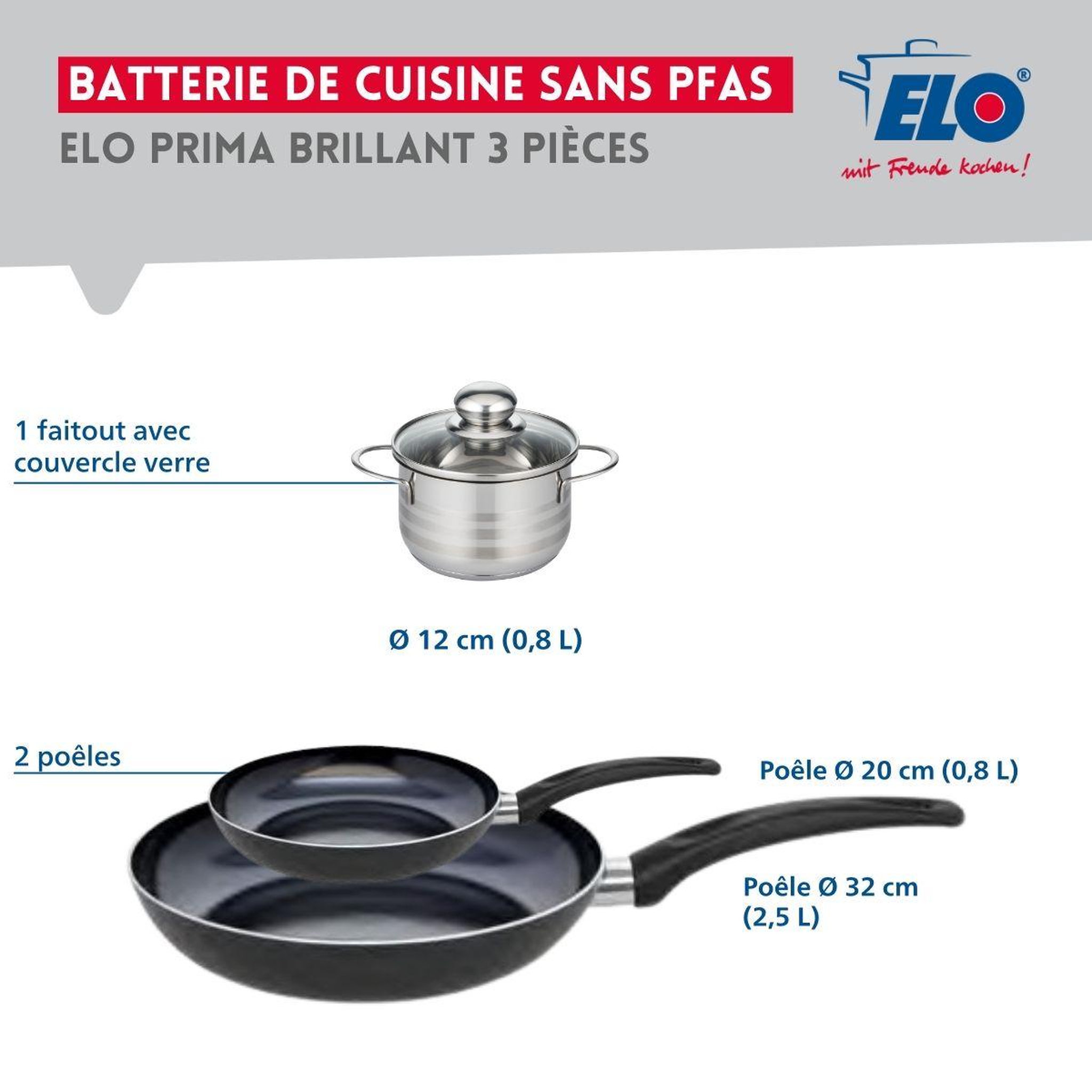 Voir la diapositive 2 : ELO Ensemble de 2 poêles de cuisson 20 et 32 cm et 1 faitout 12 cm elo prima brillant