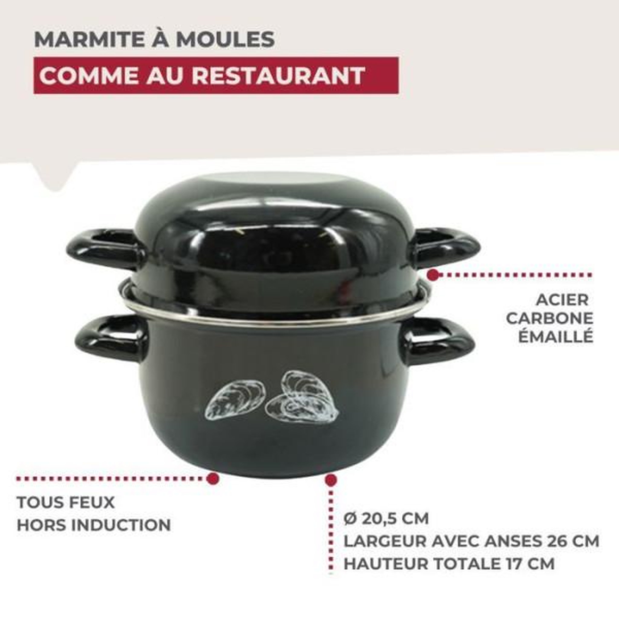 Voir la diapositive 3 : Fackelmann Ensemble de 2 Marmites a Moules - FACKELMANN - Emaillée - 20,5 x 26 x 17,5 cm